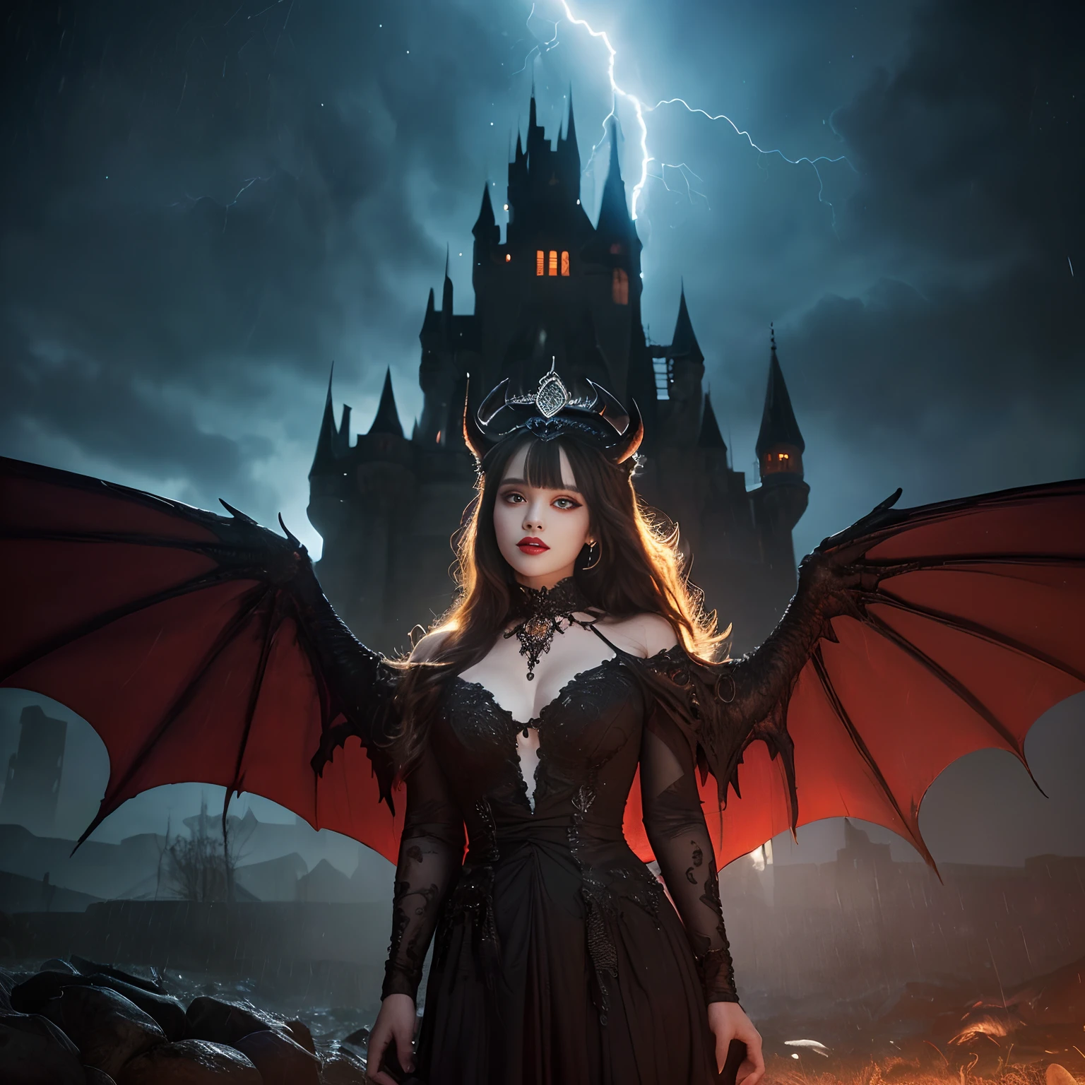 ((masutepiece、top-quality、Award-Winning Works、Highly detailed and elaborate textures、The most complex and detailed textures、The most complex and detailed textures of wings and horns、Super High Detail))、(Red eyes glowing in the dark:1.5),(Her glowing red eyes:1.5),((Take a photo above from your lap,A very beautiful demon queen,Wings with the most realistic and intricate textures,The most detailed and intricate wing textures,Luxurious long dresses,The background is a complex and detailed castle exterior,Giant Devil Tiara,Big Princess Dresses,Final form as a complete demon,The Devil's Masterpiece,Frightening giant wings,Huge and intricate demon wings,Big Devil's Horn,Realistic and big horns,Creepy horns,Wings with a very elaborate texture,Wings with a very complex texture,Creature wings with a very realistic texture,Wings of a terrifying monster,The most intricate and luxurious black gothic dresses,Bright red lipstick, The most gorgeous princesses dress up with achievements,Spooky and beautiful demons,Intricate and solemn black dress,The most majestic appearance of the Demon Queen,Huge Queen Tiara,Accurate reproduction of perfect demonic details,Complex medieval European castle in the background,The most intricate and detailed castle appearance,The perfect castle,With the night sky and castle in the background,The background is the night sky and the castle,deep in the night、Full Night、Stormy night、Pitch black sky、Darkness and thunder、Very heavy rain、Huge thunder in the sky、Heavy rain and lightning、Thunder and Castles、spectacular movie lighting)),((Most beautiful face,Half Japan and half Spanish,Beautiful wavy hair,The most luxurious and intricate dresses,The biggest smile staring at the camera,Chest that seems to burst,A dress that tightens the waist,Slimed,Emphasize body lines))