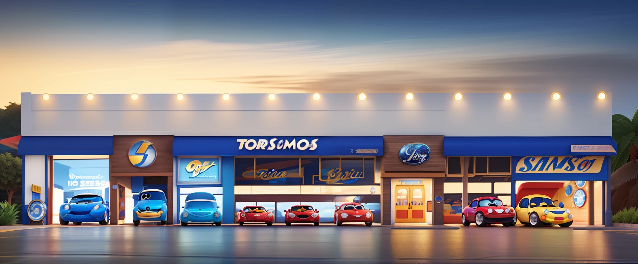 Create a Disney Pixar-style poster of a car shop called Only Vehicles in Portuguese on top of a blue sparkle, com o logo de um S deitado com uma porshe vermelha na frente da loja