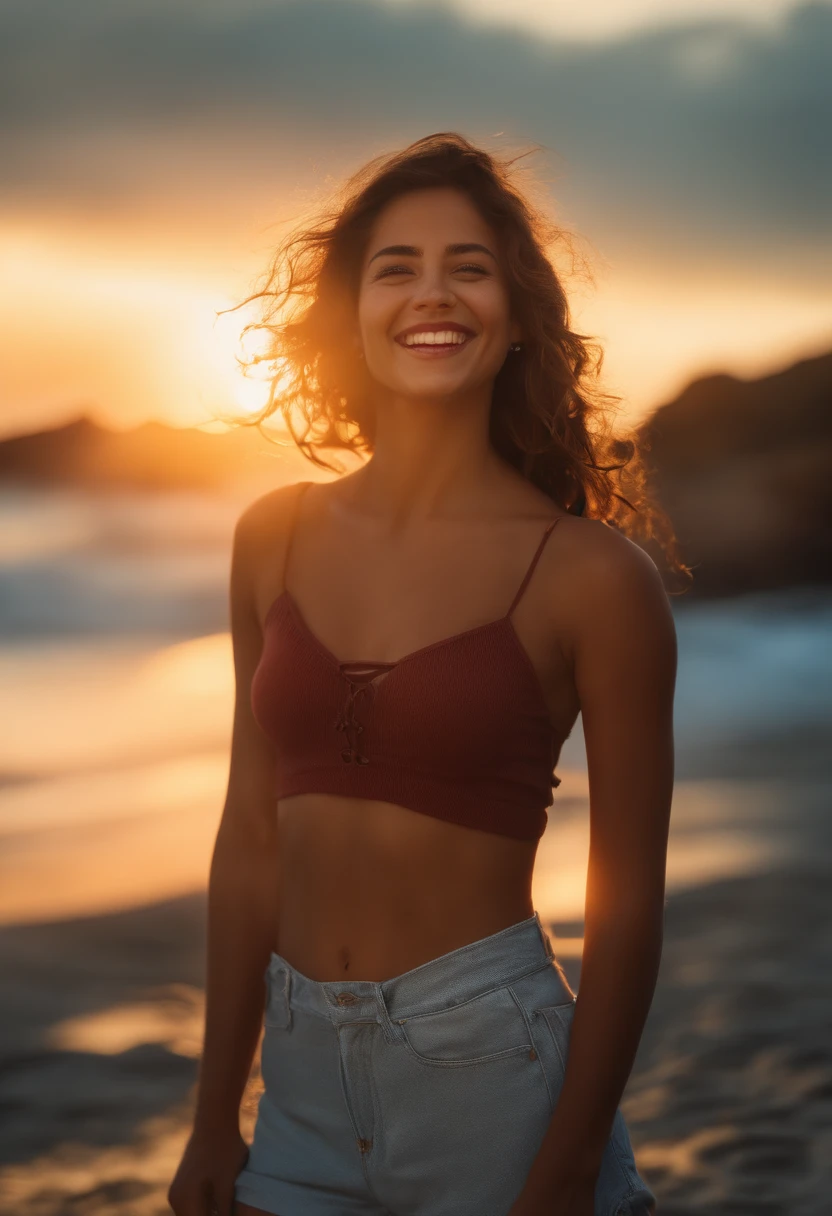 La mejor calidad,Obra maestra,ultrahigh resolution,(Realista:1.4),Foto original,cinematic lighting,,1girl,They are smiling,Contre-Jour,ocean,