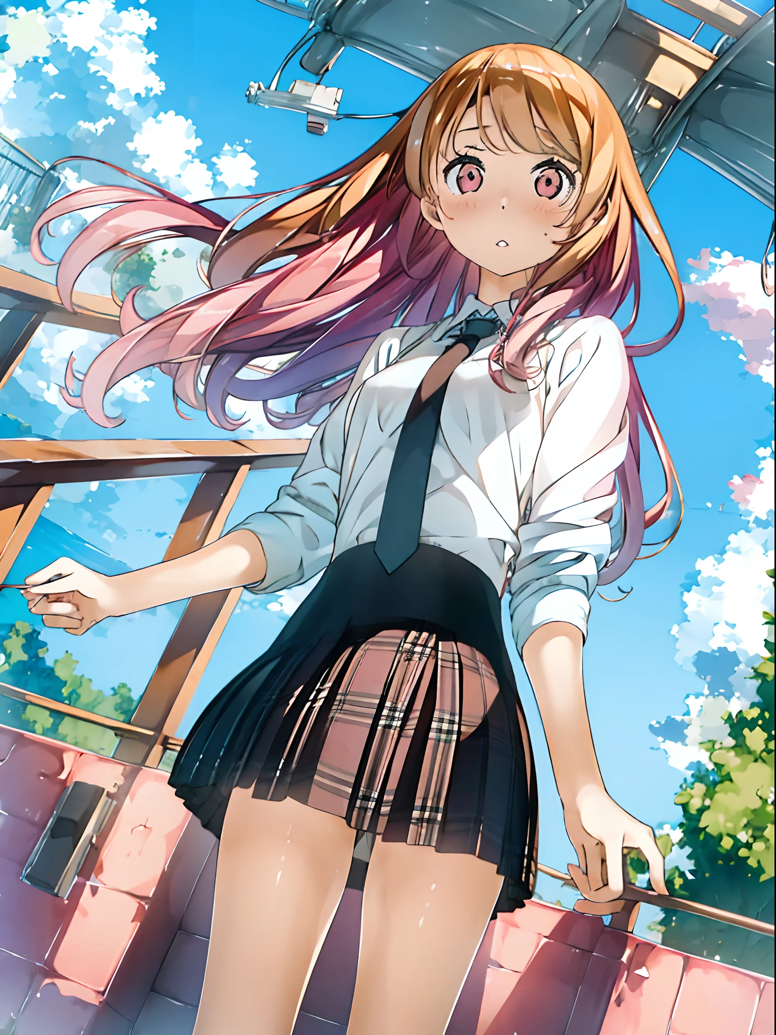 thighs thighs thighs thighs、(the Extremely Detailed CG Unity 8K Wallpapers,masutepiece, Best Quality, Ultra-detailed),Commuting to school,Unexpectedly strong wind blows,Schoolgirl Panty Shot.from below,Skirt fluttering,turned around,