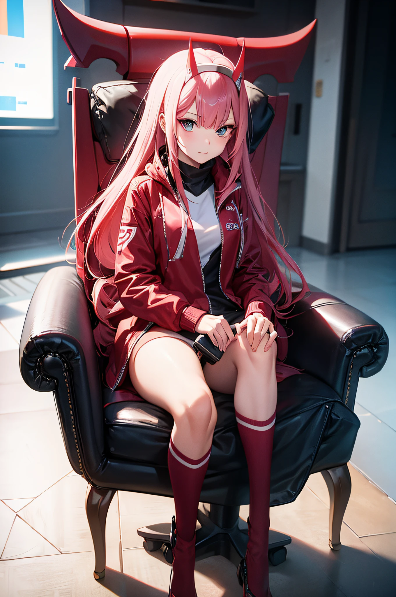 Zero two, chair, red cyberpunk suit