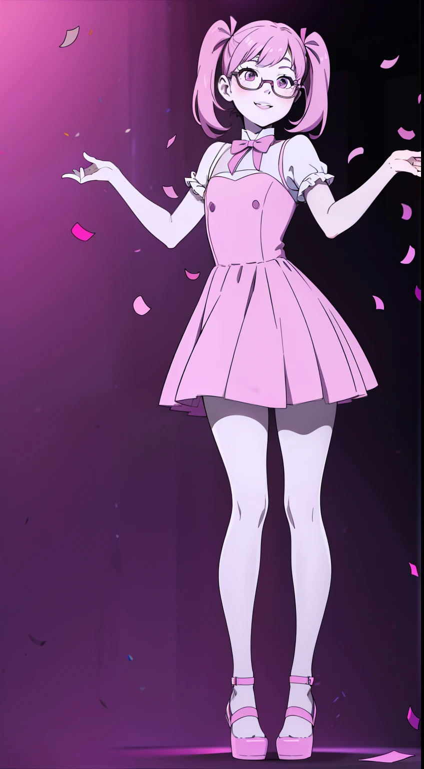 Confetti, party club. Led lights, chiaroscuro. 1 girl young girl with glasses, she smiles, tall, small eyes, teenage, "side bunds", pink pigtails hair, big lips, waring a purple monochromatic dress. pink ribbon.