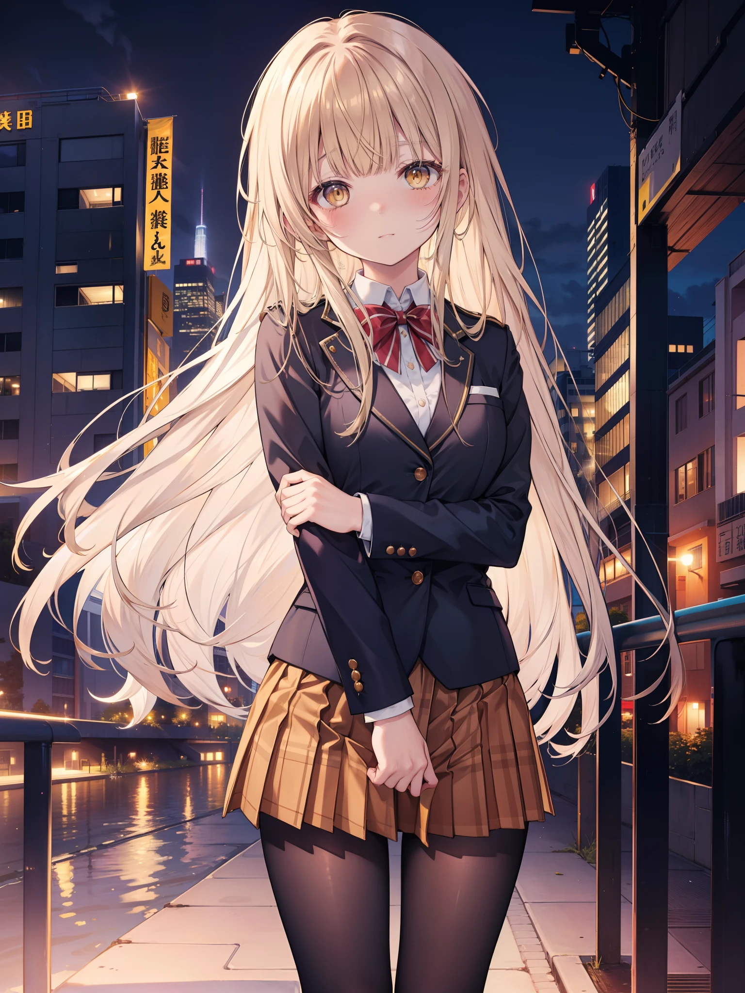 Shiina Mahiru, a good looking girl (long blonde hair with square bangs, big yellow eyes, blushing, perfect face), wearing a school uniform (blue blazer with white shirt, red bow tie, brown mini skirt, black pantyhose, brown shoes ), standing alone (in a city at night), looking at the camera, masterpiece, anime art style, cute characters, best detailed, high quality