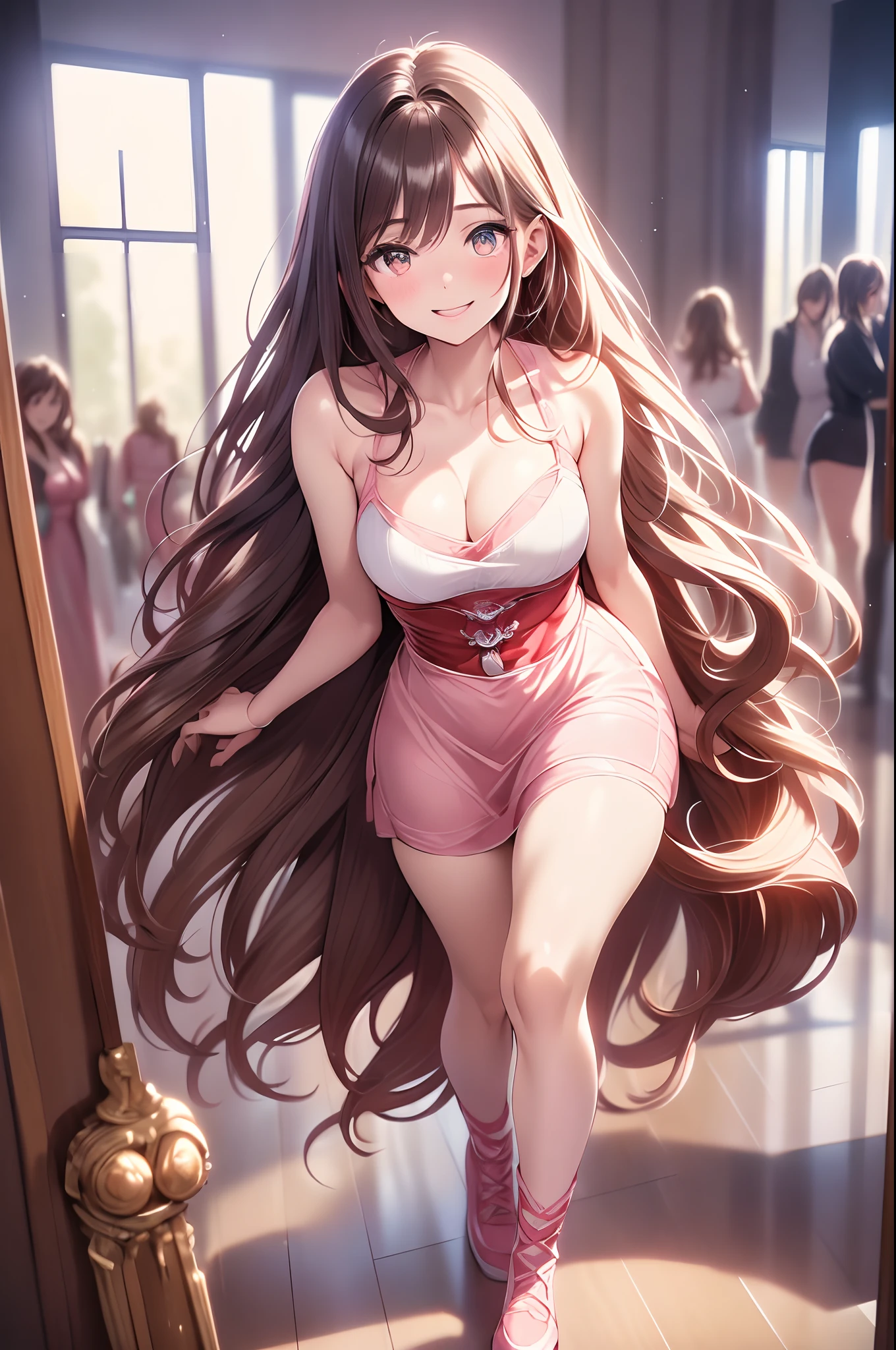 Masterpiece, best quality female, (French),(small breast), (very long curly pink volumetric hair:1.33), (white crinoline inside with red corset outside:1.33), (long red skirt:1.33), flat headband, (detailed beautiful hazel eyes:1.33), detailed blush smiling face, slim body, perfect anatomy, very cute, dynamic pose, showing some leg, perfect shading, dramatic lighting, rendered in 8K resolution for high-quality detail, trending on art station, concept art, smooth, sharp focus, in a saloon, highly detailed, soft natural volumetric, cinematic perfect light, intricate details
