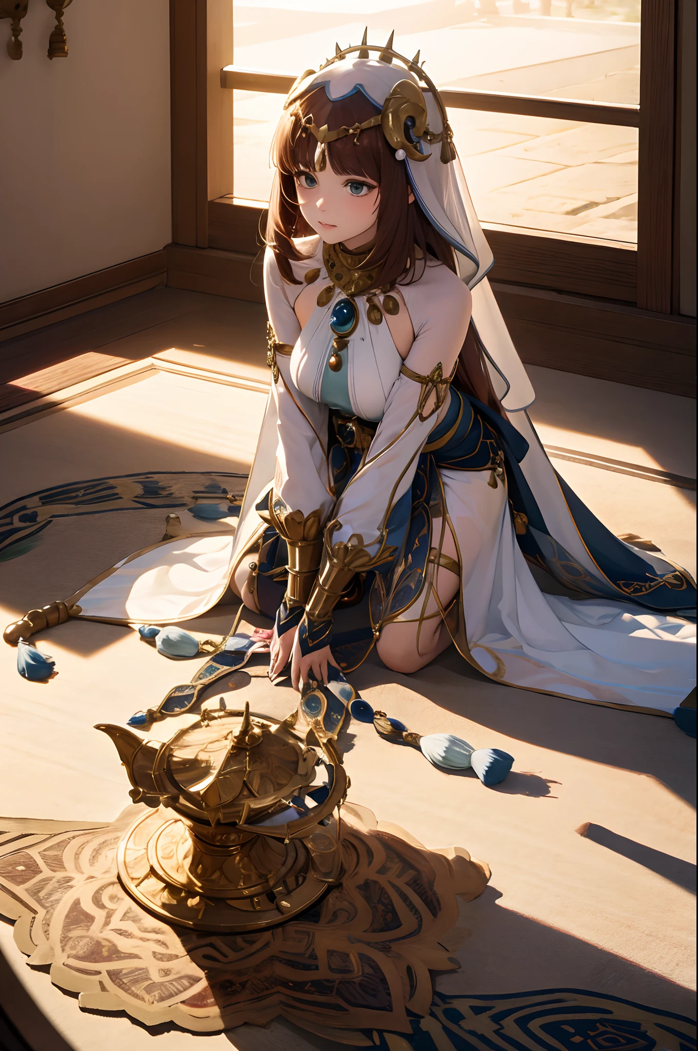 Nilou from genshin impact kneeling in palace,sumeru,arabian,jewelry,ultrasharp, 8K, lookinng at viewer, high res,