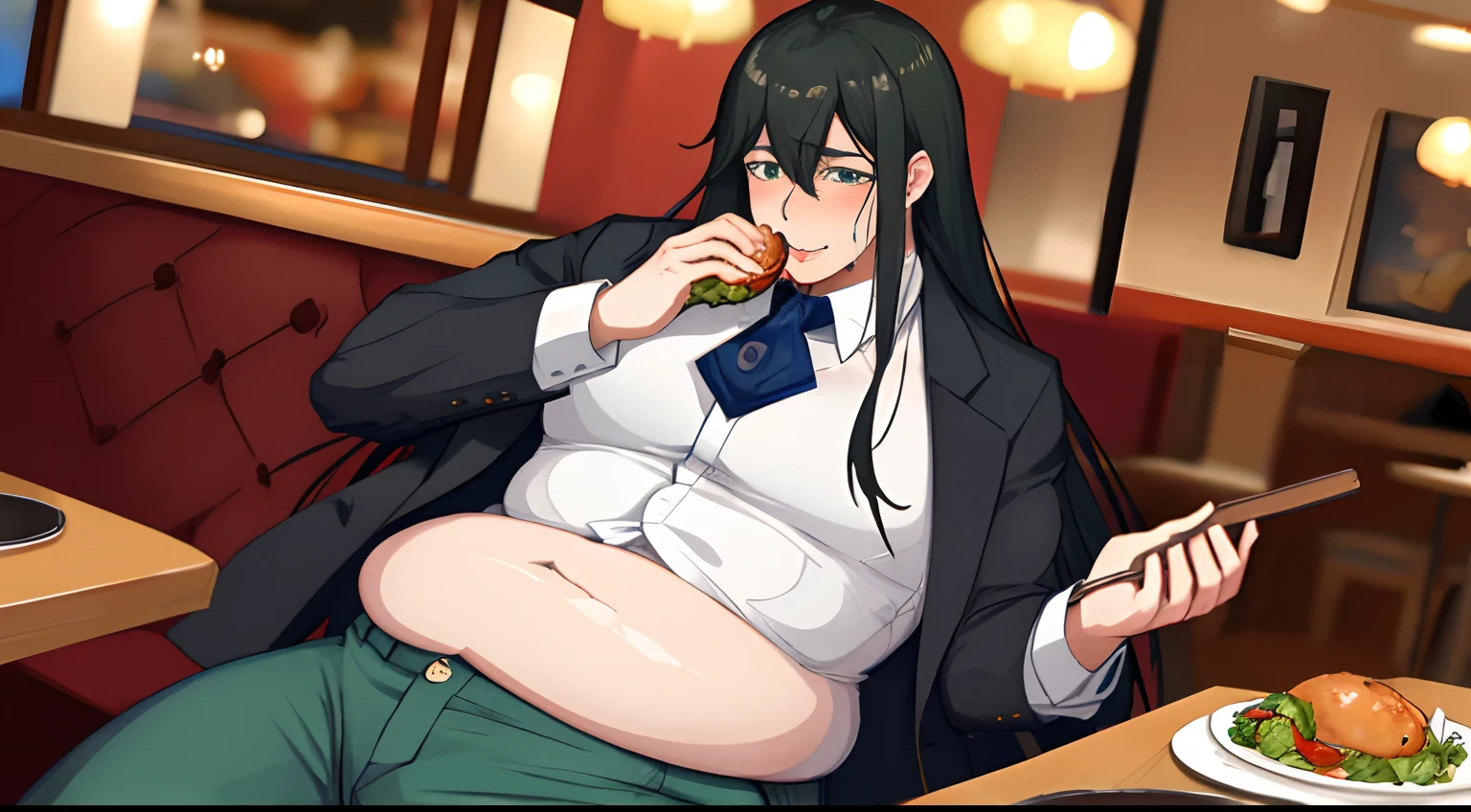 anime style, male focus, solo male, blushing, aroused, sitting in booth, eating food, stuffed belly, large belly, round belly, belly squished against table, long black hair, green eyes, unbuttoned pants, erection, pants bulge, shirt riding up belly, weight gain sequence, skinny to fat, lewd, lots of food, aroused by eating, prominent belly, thick thighs, sitting upright, belly spilling onto lap, tight squeeze, at a restaurant, lustful, buttoned shirt, popping buttons, bloated, moaning, burping, table, belly squishing against table, round glasses, look at camera, flirtatious expression