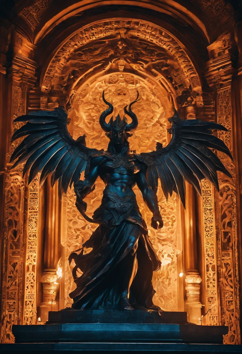 Intricately built statue of a demon,marble sculpture,mysterious,ominous presence,detailed horns and wings,sharp and menacing claws,imposing and muscular pose,fire-like fiery eyes,bulging veins,engraved symbols and runes,shadows accentuate the features,eerie atmosphere,visually captivating masterpiece:1.2,ultra-detailed,realistic:1.37,studio lighting,vivid colors,bokeh,gothic architecture elements,nighttime scene,dark and intense color palette,halo of light illuminating the demon,contrast between light and shadow,dramatic and haunting ambiance,lit candles around the statue,evoking a sense of darkness and danger.
