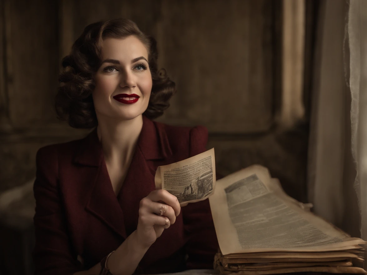 1940s era thin modest woman thin, short very curly bob victory rolls, sitting in a victorian dark gothic livingroom, she is holding a framed photo of a smiling world war 2 photo, she is smiling with slightly crooked teeth, long oval face, thin eyebrows, structured brown suit with kneelenth skirt, with a bible on the desk and a cross on a wall, red fingernails,