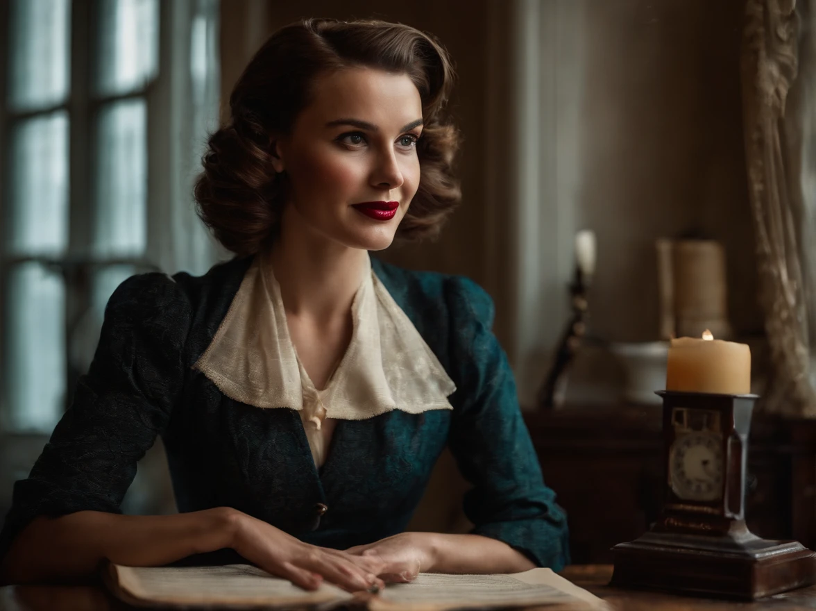 1940s era thin modest woman thin, short very curly bob victory rolls, sitting in a victorian dark gothic livingroom, she is holding a framed photo of a smiling world war 2 photo, she is smiling with slightly crooked teeth, long oval face, thin eyebrows, structured brown suit with kneelenth skirt, with a bible on the desk and a cross on a wall, red fingernails,