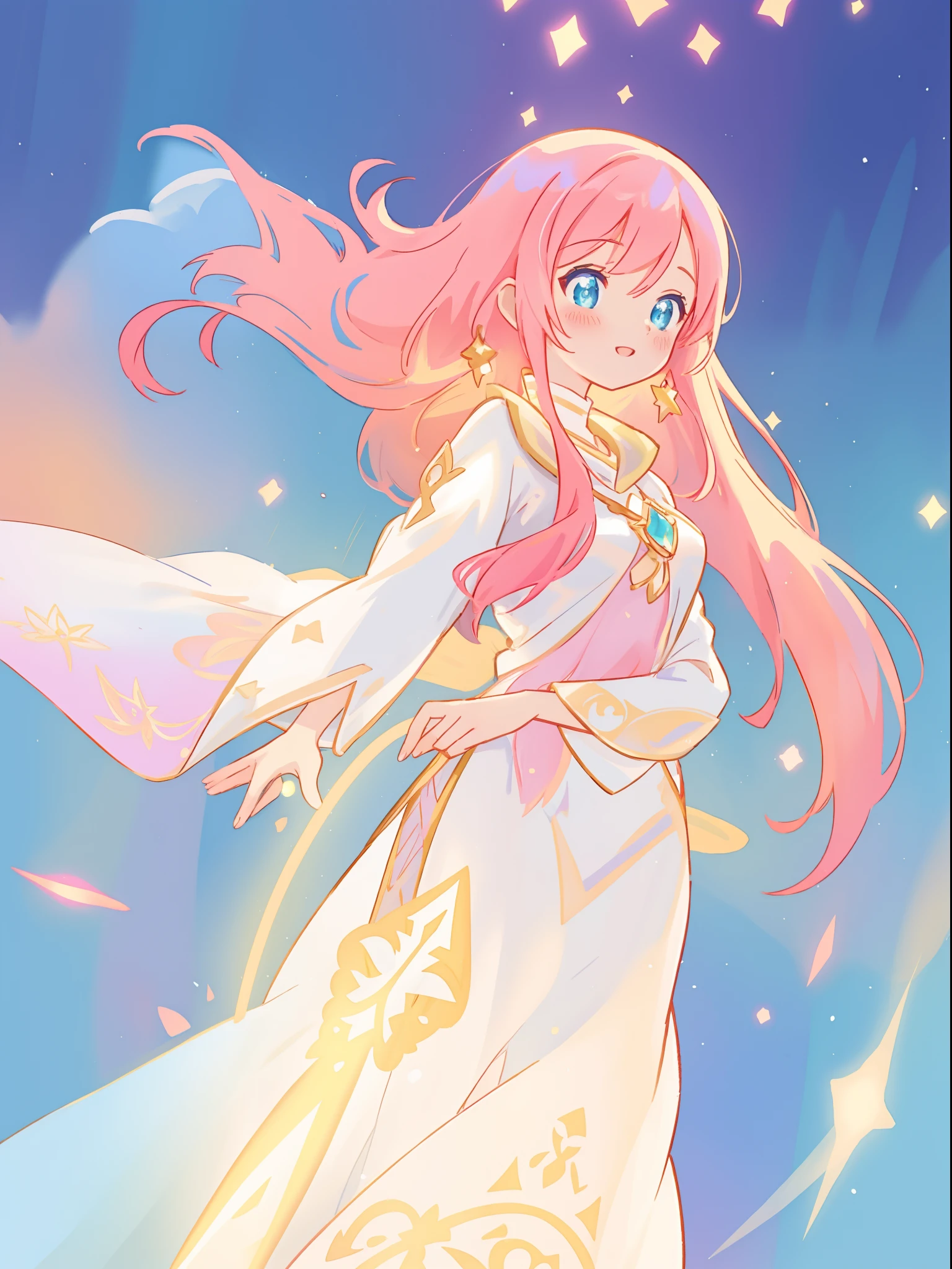 beautiful girl in white arabian two-piece dress, (arabian princess), (arabian dancer), (fantasy arabian dress),long colorful sparkling pink hair, watercolor illustration, Lois van Baarle, glowing aura around her, Glen Keane, jen bartel, glowing hair, beautiful digital illustration, fantasia background, beautiful, masterpiece, best quality, anime disney style, (detailed eyes), golden ratio, perfect composition