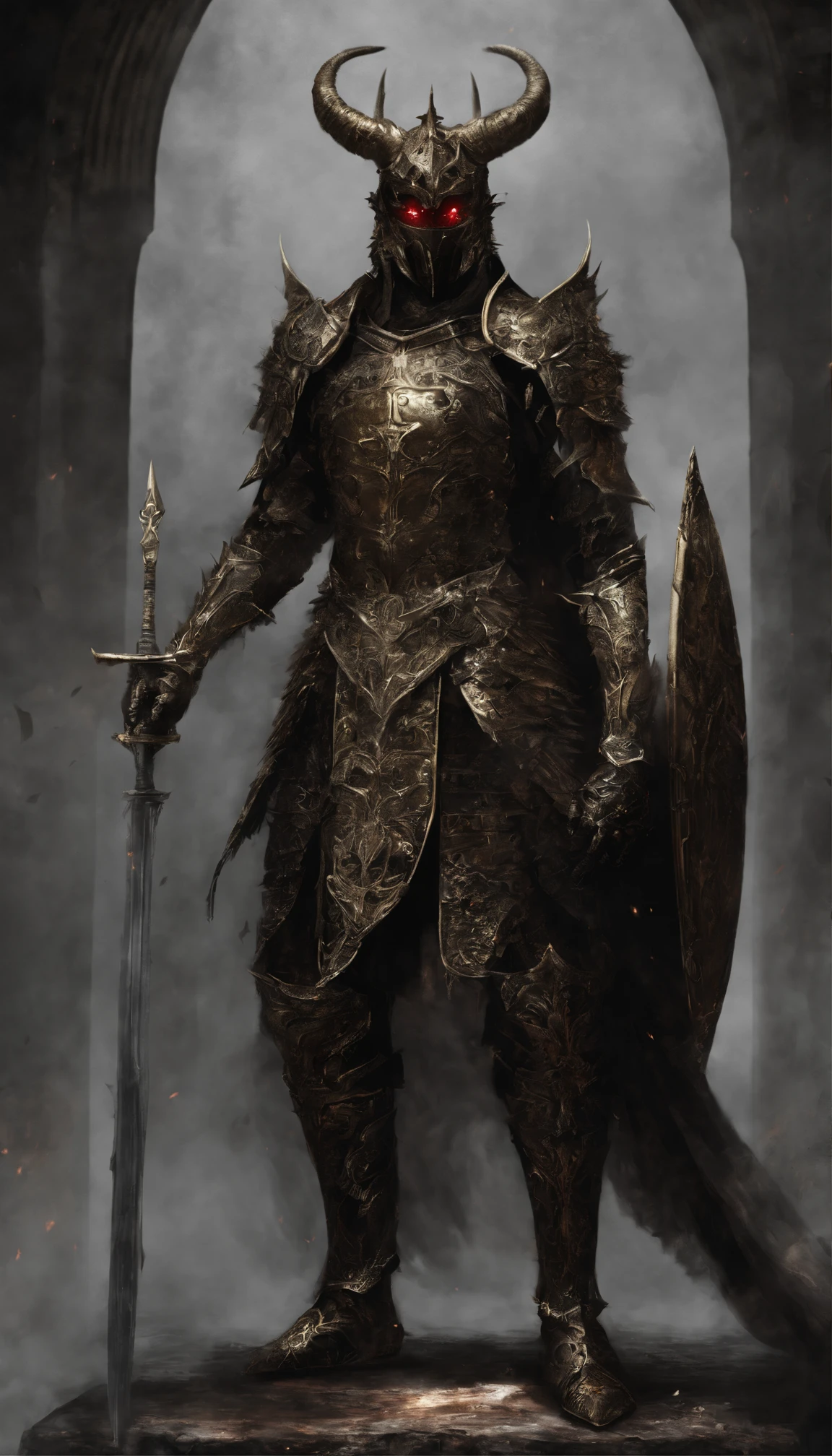 Warrior, concept-art, Authors:Kisigank, Fantasy Art, Battlefield Background, Clean Rendering, Horned,Wear a red armor suit, Detailed Bushido Foam Smoke, Helmet of the Forgotten God, the character is standing, ,Art Station Top Page, taur, Pseudo-medieval fantasy, God in carp armor, Detailed bronze armor, bronze armor, Golden etched armor, gold obsidian armor, Crimson armor, Gorgeous Filigree Armor, Demon Warrior, Complex assassination armor, Complex metal armor, Powerful Warrior, Dressed in luxurious gold armor,Decorated with intricate patterns, The helmet has a large crown and two horns,Glowing red eyes, Everything is in the dark, Smoky backgrounds hint at battle scenes, Adding an ominous aura to his character,posed, Full body shot.