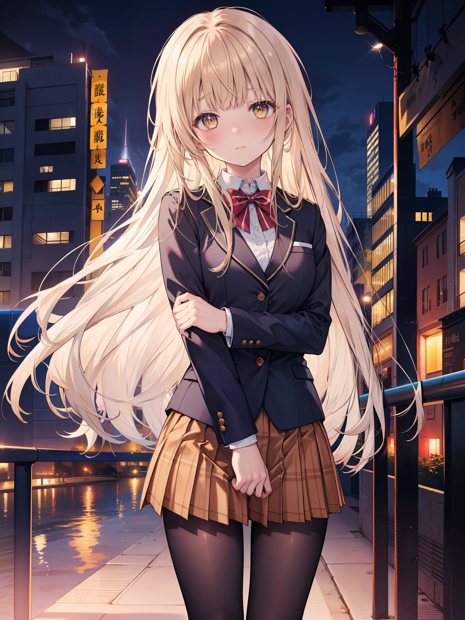 Shiina Mahiru, a good looking girl (long blonde hair with square bangs, big yellow eyes, blushing, perfect face), wearing a school uniform (blue blazer with white shirt, red bow tie, brown mini skirt, black pantyhose, brown shoes ), standing alone (in a city at night), looking at the camera, masterpiece, anime art style, cute characters, best detailed, high quality