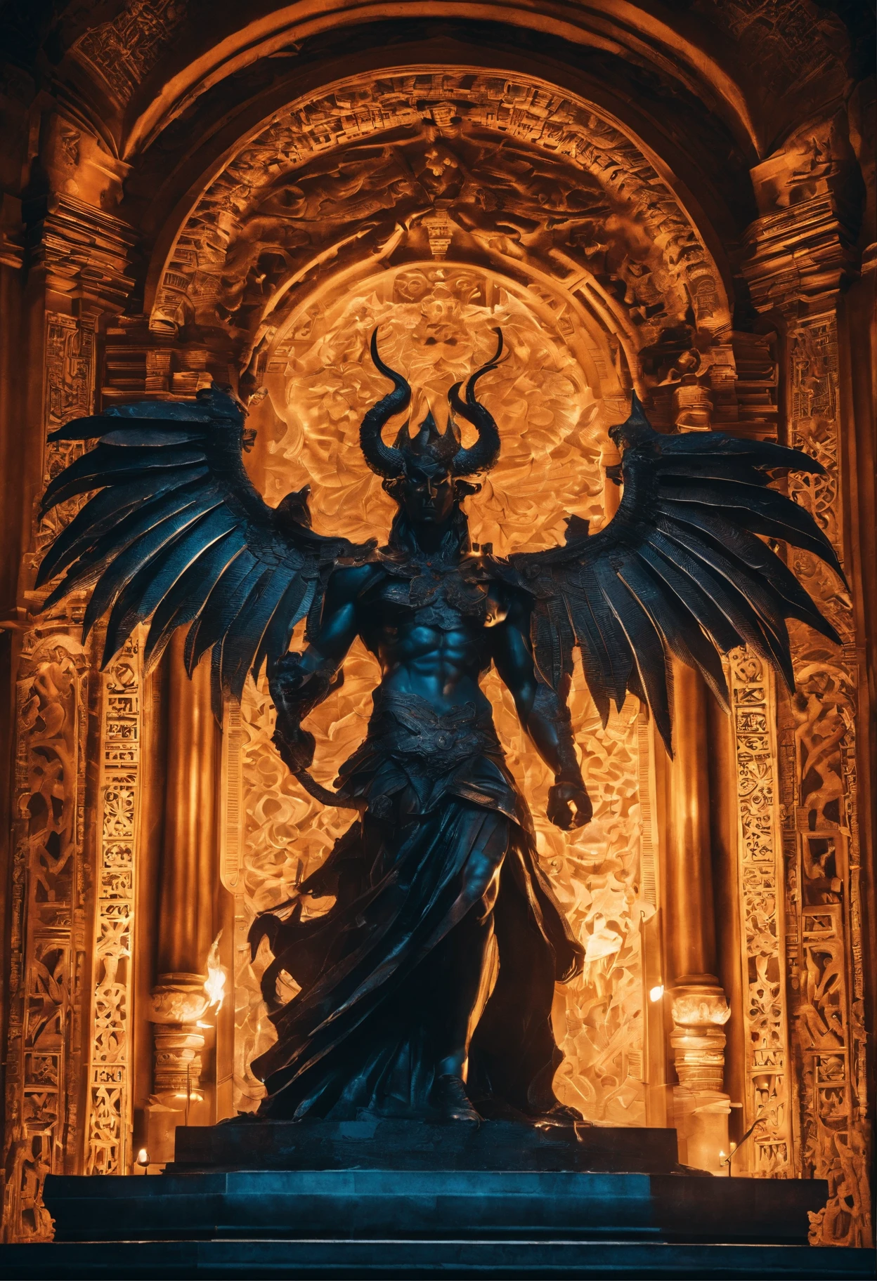 Intricately built statue of a demon,marble sculpture,mysterious,ominous presence,detailed horns and wings,sharp and menacing claws,imposing and muscular pose,fire-like fiery eyes,bulging veins,engraved symbols and runes,shadows accentuate the features,eerie atmosphere,visually captivating masterpiece:1.2,ultra-detailed,realistic:1.37,studio lighting,vivid colors,bokeh,gothic architecture elements,nighttime scene,dark and intense color palette,halo of light illuminating the demon,contrast between light and shadow,dramatic and haunting ambiance,lit candles around the statue,evoking a sense of darkness and danger.