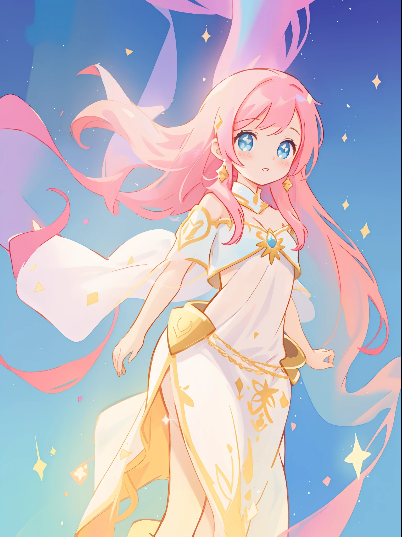 beautiful girl in white arabian two-piece dress, (arabian princess), (arabian dancer), (fantasy arabian dress),long colorful sparkling pink hair, watercolor illustration, Lois van Baarle, glowing aura around her, Glen Keane, jen bartel, glowing hair, beautiful digital illustration, fantasia background, beautiful, masterpiece, best quality, anime disney style, (detailed eyes), golden ratio, perfect composition