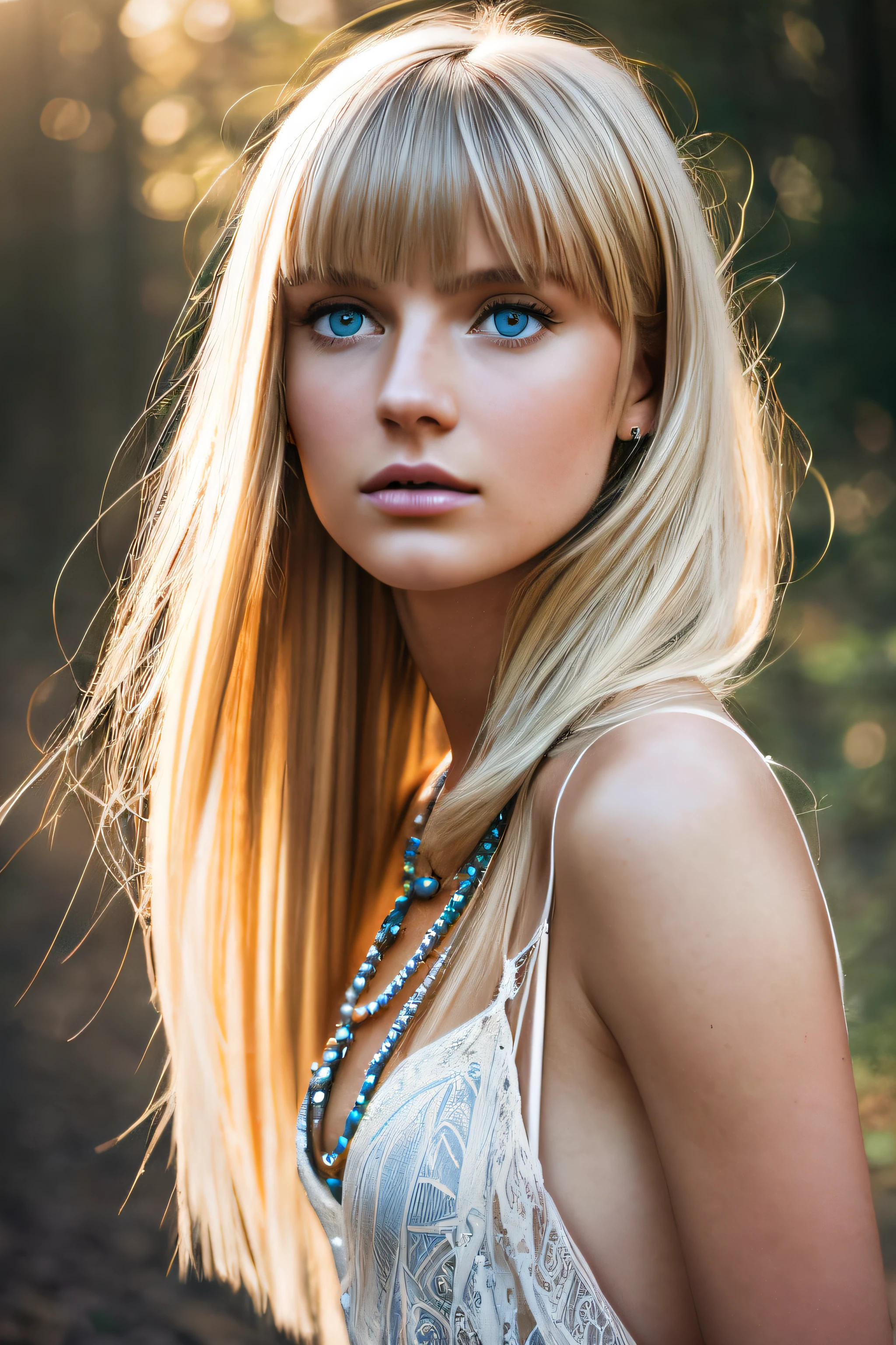 Slender, young, short blonde hair, blue eyes, in city, natural skin texture, looking at side, 24mm, 4K textures, soft cinematic light, RAW photography, photorealistic, photorealistic, complex, elegant, highly detailed, sharp focus, (((cinematic look))), calm Tone, Insane Detail, Complex Detail, Ultra Detail, High Contrast, Soft Cinematic Light, Dim Colors, Exposure Blending, HDR, Faded, Cold, Waist Thin, Well-Proportioned, (8k, 4k, Top Quality, Hi-Res: 1.1), (Realistic, Photorealistic: 1.1), Girl 1 People, Solo, Twin Tails, Blonde Hair, Bangs, Long Hair, Necklace, Earrings, Lips, Eye Shadow, Jewelry, (Viewer Looking For: 1.8), Spaghetti Straps, Detail, High Contrast, from_side, srfc, stunning complex full color, spectacular character composition, sharp focus, natural light, sub-surface scatter, f2, 35mm, film grain