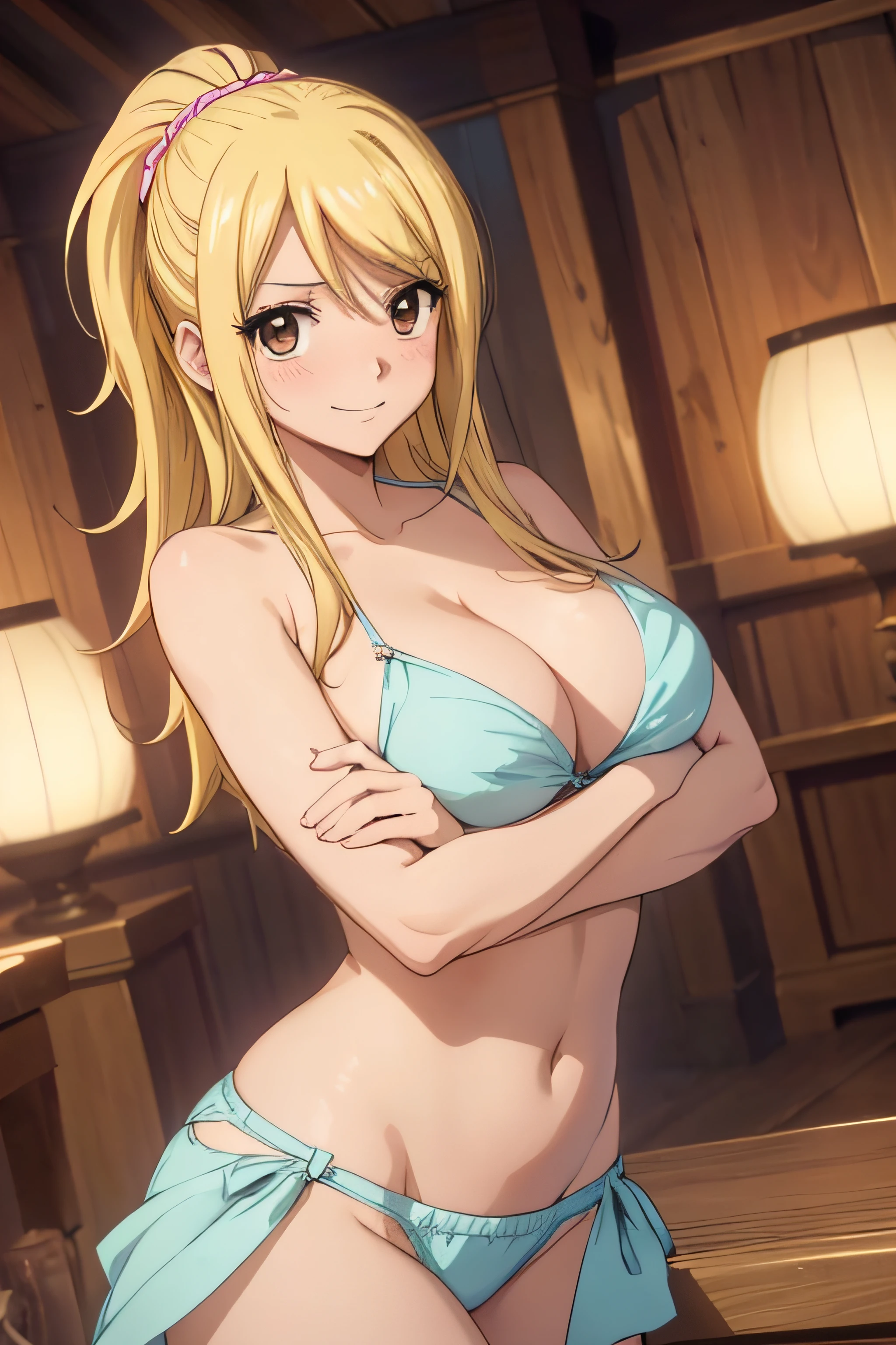 high definition, 8K, detailed face, grabbing her breast, showing her breast, Lucy Heartfilia from Fairytail, ((Dark brown eyes)), ((g-string)), spa, ((large breasts)), slim and thin, body of equal proportions, ((focus on her breast)), front view, four fingers and 1 thumb, ((2 hands)), Blonde hair, Beautiful smile, Smiling at viewer, blushing cheeks,