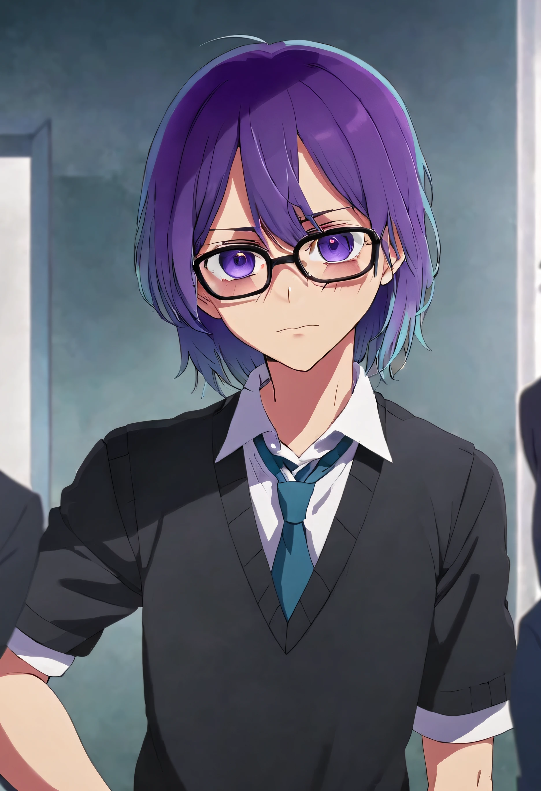 anime guy, purple hair almost to the shoulders, purple school uniform, rot, tie,Grey shoes,Black poison glasses, Cyan eyes.
