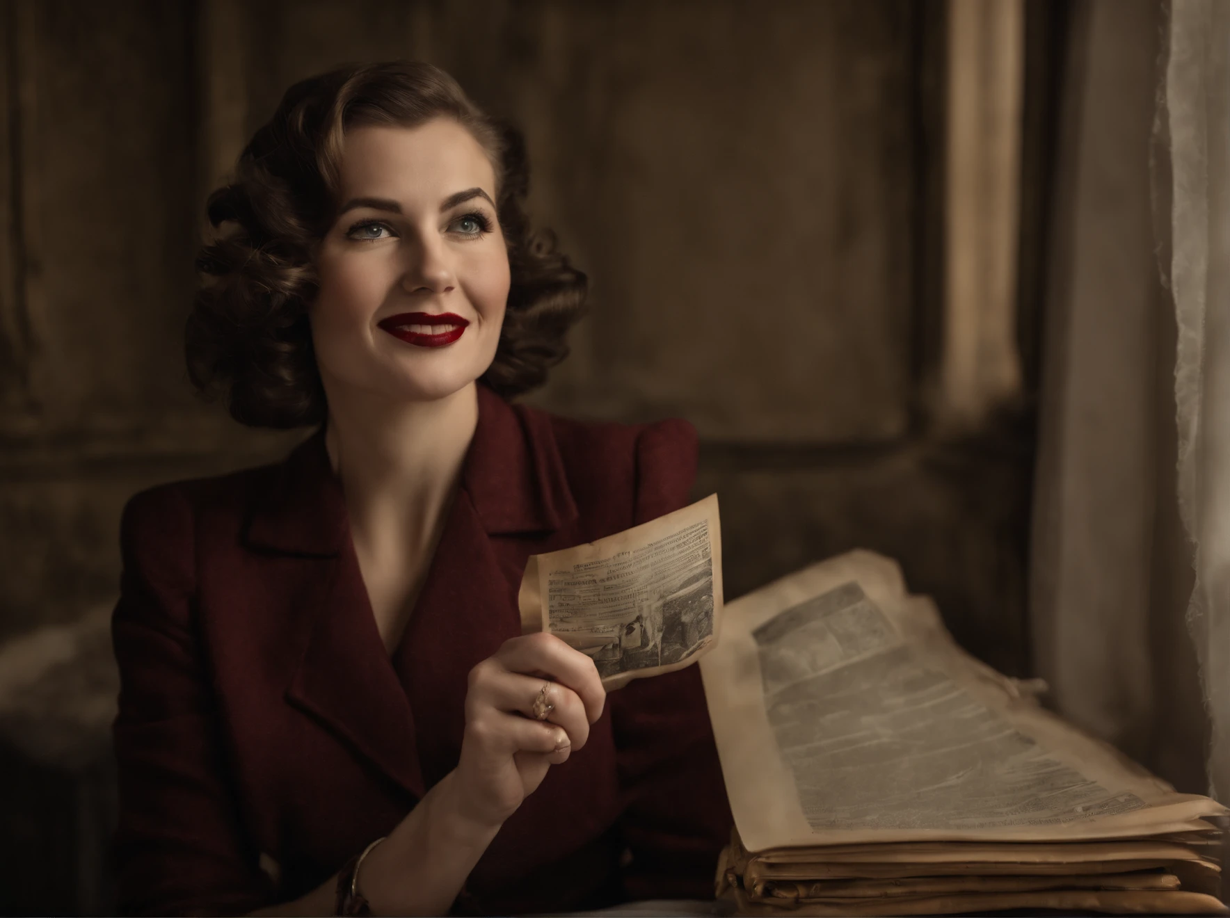 1940s era thin modest woman thin, short very curly bob victory rolls, sitting in a victorian dark gothic livingroom, she is holding a framed photo of a smiling world war 2 photo, she is smiling with slightly crooked teeth, long oval face, thin eyebrows, structured brown suit with kneelenth skirt, with a bible on the desk and a cross on a wall, red fingernails,