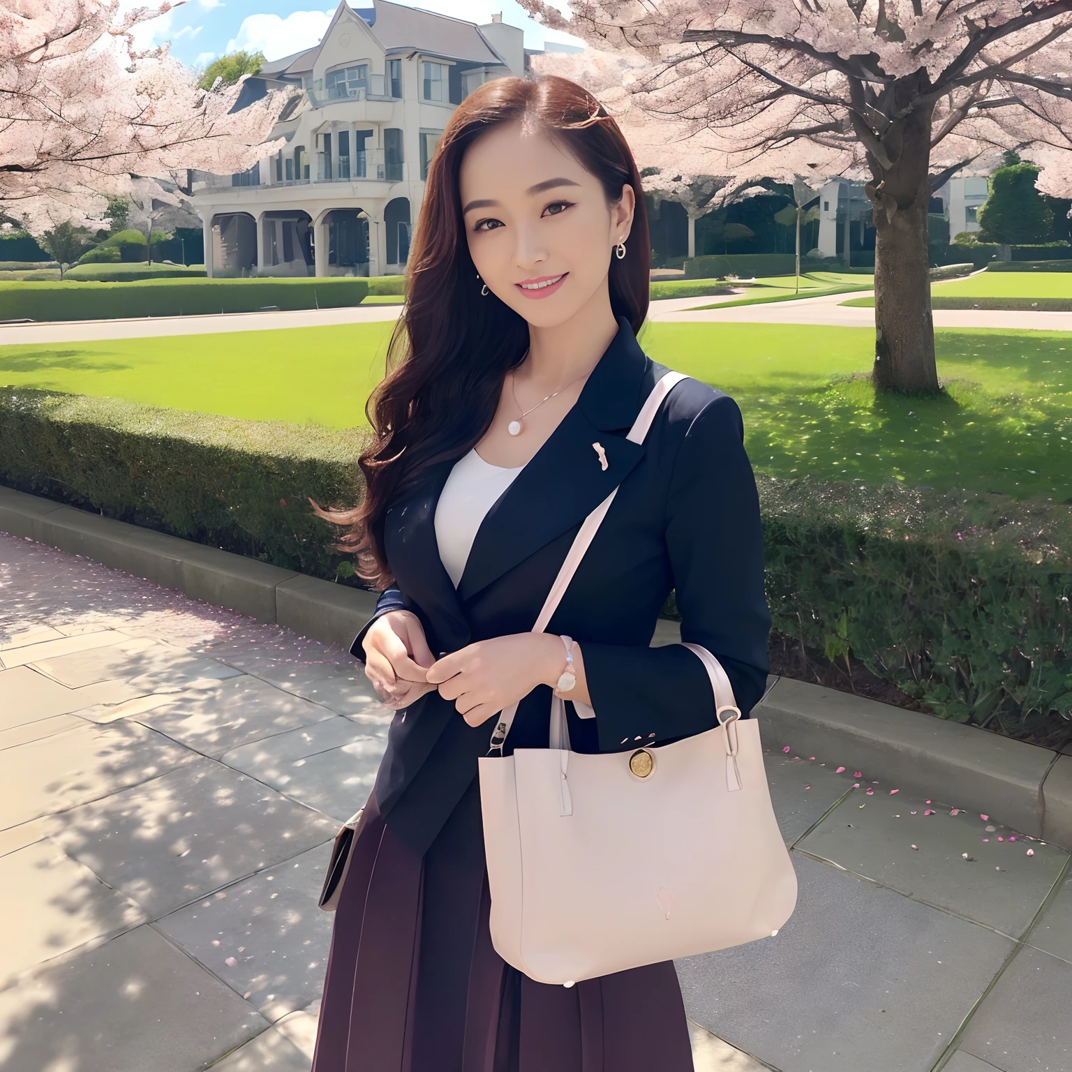 (((masutepiece、top-quality、Top image quality、in 8K、Award-Winning Works、a high chroma、Vivid、Bright and saturated、Very glamorous and refreshing atmosphere)))、(1人の女性,japanese beautiful woman,40 years、1 female、Old face、A MILF、Wrinkles on the face、Biggest smile、Ceremony Suit、jaket、Onepiece、Classy blouse、Wrinkles at the corners of the eyes、nasolabial folds)、(Navy Suit Jacket、Formal blouse、tight skirts、Navy jacket and tight skirt、Midi length skirt、Skirt without folds、Ceremony Suit)、(((Classy plain tote bag1、I have one quality plain tote bag、Perfect Pearl Necklace、Classy brooch、Classy corsage、Extravagant brooch、Kanzashi、pearls necklace、She wears a large corsage on her chest、Extravagant corsage)))、((((The background is a rectangular school building with four floors、Walking on the way to school、The path to school、Walk towards school、Modern School、4-storey square building、Modern School、Square roof、Rectangular School、Reinforced Concrete Square School、Four Corners Glaze、Clean square window glass、Four Corners Glaze、4-storey New School、Beautiful school、Realistic school building with 4 floors、Perfectly recreated four-storey school building、Four-story school building、Lots of square windows))))、(((Cherry blossom petals flutter、blue-sky、Clear blue sky、Beautiful blue sky、She's walking、A lot of cherry blossom petals are falling to the ground、A lot of cherry blossom petals are dancing、waved hair、Beautiful wavy hair、Hair swaying in the wind、gentle wind、Hair swaying in the wind、Cherry blossom petals、Sunshine、Cherry blossom trees in full bloom、cherry blossom in full bloom、Lots of cherry trees、Perfect makeup, Looking at the camera,The most beautiful faces in Japan、Big smile、The happiest smile、Biggest smile、A detailed face、Staring at this、Take a photo above from your lap、Elegant Hair、Slimed、Chest that seems to burst、large full breasts、Emphasize the bulge of the chest、super-fine、Formal hairstyle、Abundant hairline hair、Detailed and complex background、Perfect Anatomy)))