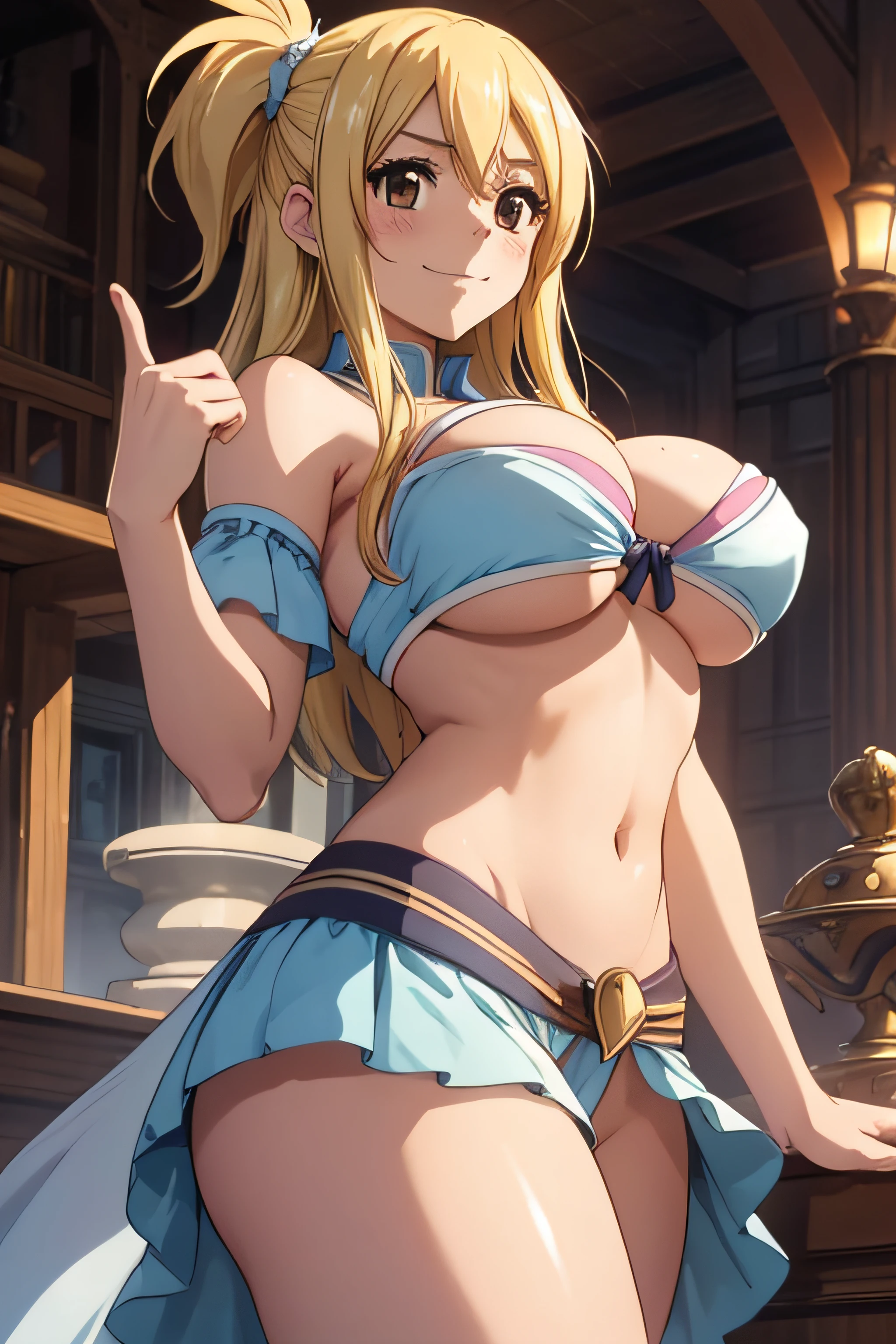 high definition, 8K, detailed face, grabbing her breast, showing her breast, Lucy Heartfilia from Fairytail, ((Dark brown eyes)), ((g-string)), spa, ((large breasts)), slim and thin, body of equal proportions, ((focus on her breast)), front view, four fingers and 1 thumb, ((2 hands)), Blonde hair, Beautiful smile, Smiling at viewer, blushing cheeks,