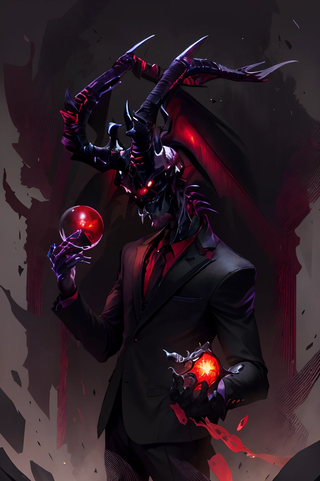 a close up of a person in a black suit with horns holding a glass sphere, fit male demon with red horns, felix englund style, dark art style, dark suit, in style of dark fantasy art, dapper dream demon, elegant horror artwork, horned god, baphomet, portrait of a mind flayer, lich vecna (d&d)