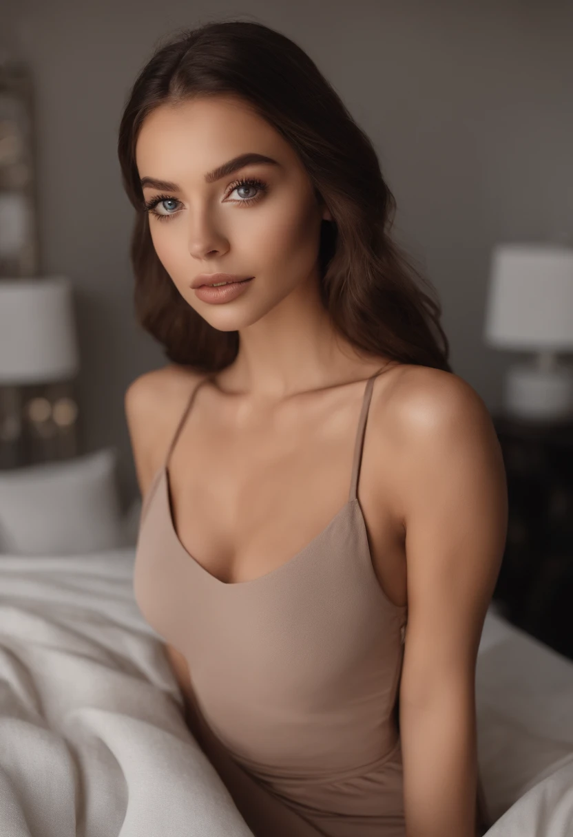 arafed woman with black clothes, sexy girl with brown eyes, portrait sophie mudd, brown hair and large eyes, selfie of a young woman, beatch eyes, violet myers, without makeup, natural makeup, looking directly at the camera, face with artgram, subtle makeup, stunning full body shot, in bedroom, cleavage