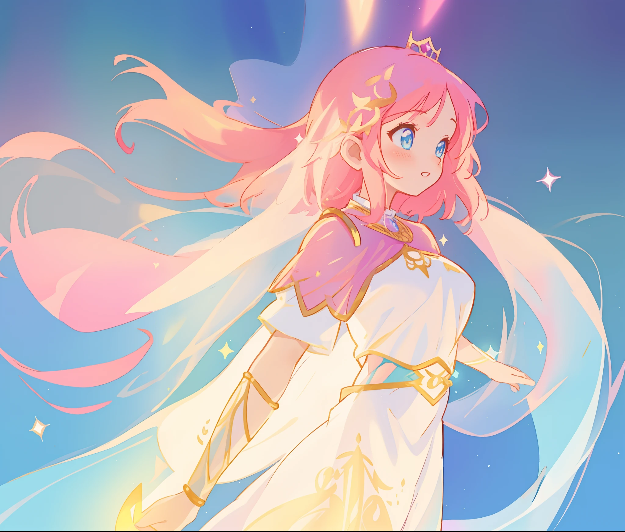 beautiful girl in white arabian two-piece dress, (arabian princess), (arabian dancer), (fantasy arabian dress),long colorful sparkling pink hair, watercolor illustration, Lois van Baarle, glowing aura around her, Glen Keane, jen bartel, glowing hair, beautiful digital illustration, fantasia background, beautiful, masterpiece, best quality, anime disney style, (detailed eyes), golden ratio, perfect composition