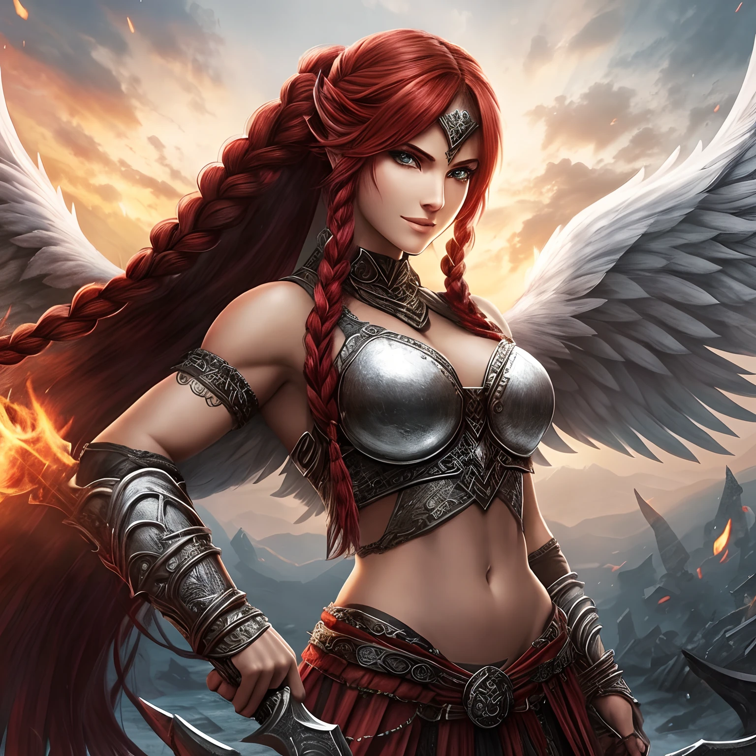 Berserker, Barbarian female angel, Arte de Fantasia, of his gaze alone enemies beginning to panic, one head, devilish smile, besta do inferno, demonio, White Fire Sky, guerreira, com foice e escudo, lindo, Female angels, Werelion, Long red braided hair, olhos dourados brilhantes, realista, altamente detalhados, Motor irreal, 8k de luxo