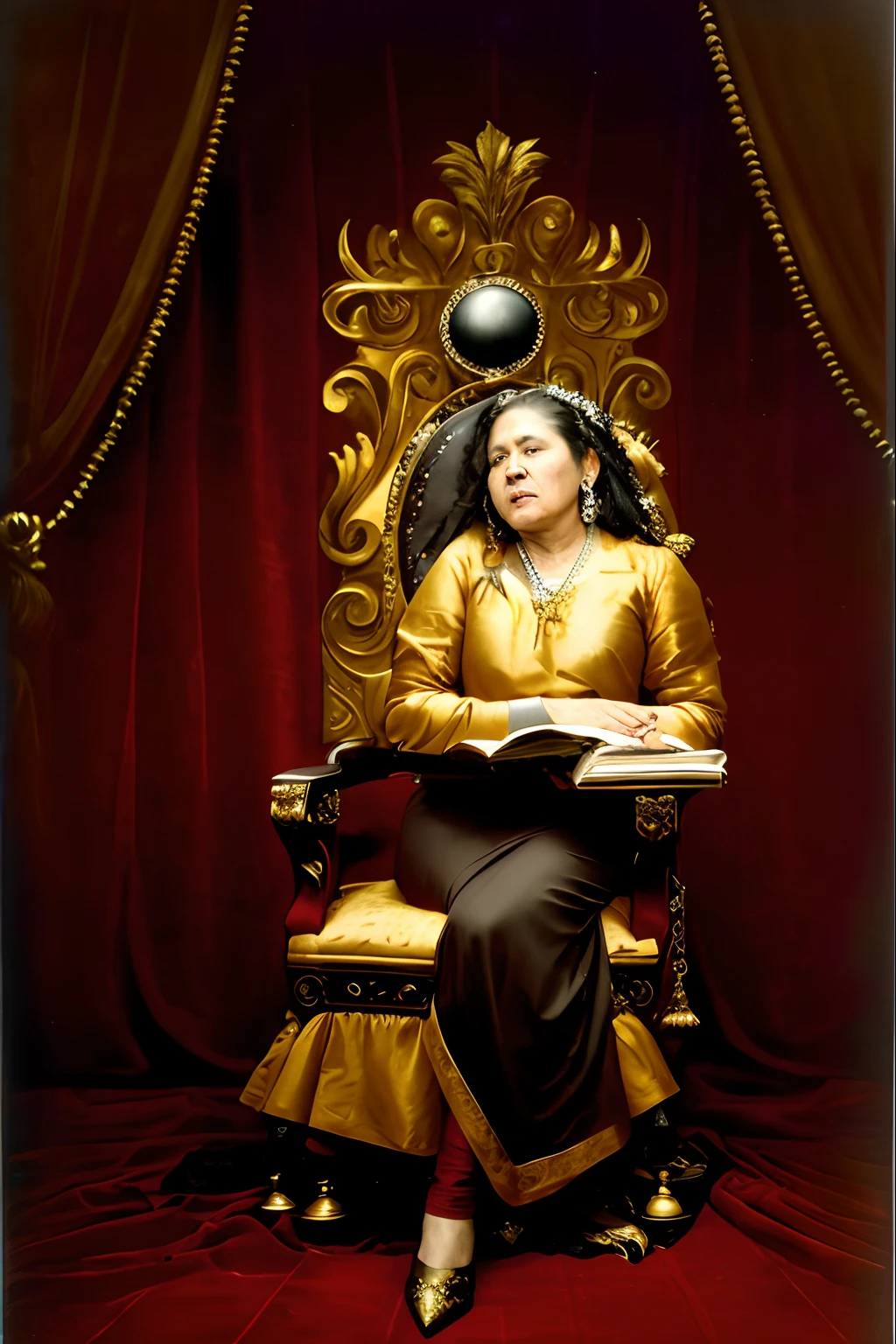 arafed woman sitting in a chair with a book in her lap, sitting on a throne, sitting on intricate throne, sitting on throne, sitting on the throne, sitting on an ornate throne, sitting on an royal throne, seated on a throne, professional portrait photograph, on her throne, sitting in a gilded throne, sitting on her throne, sit on throne