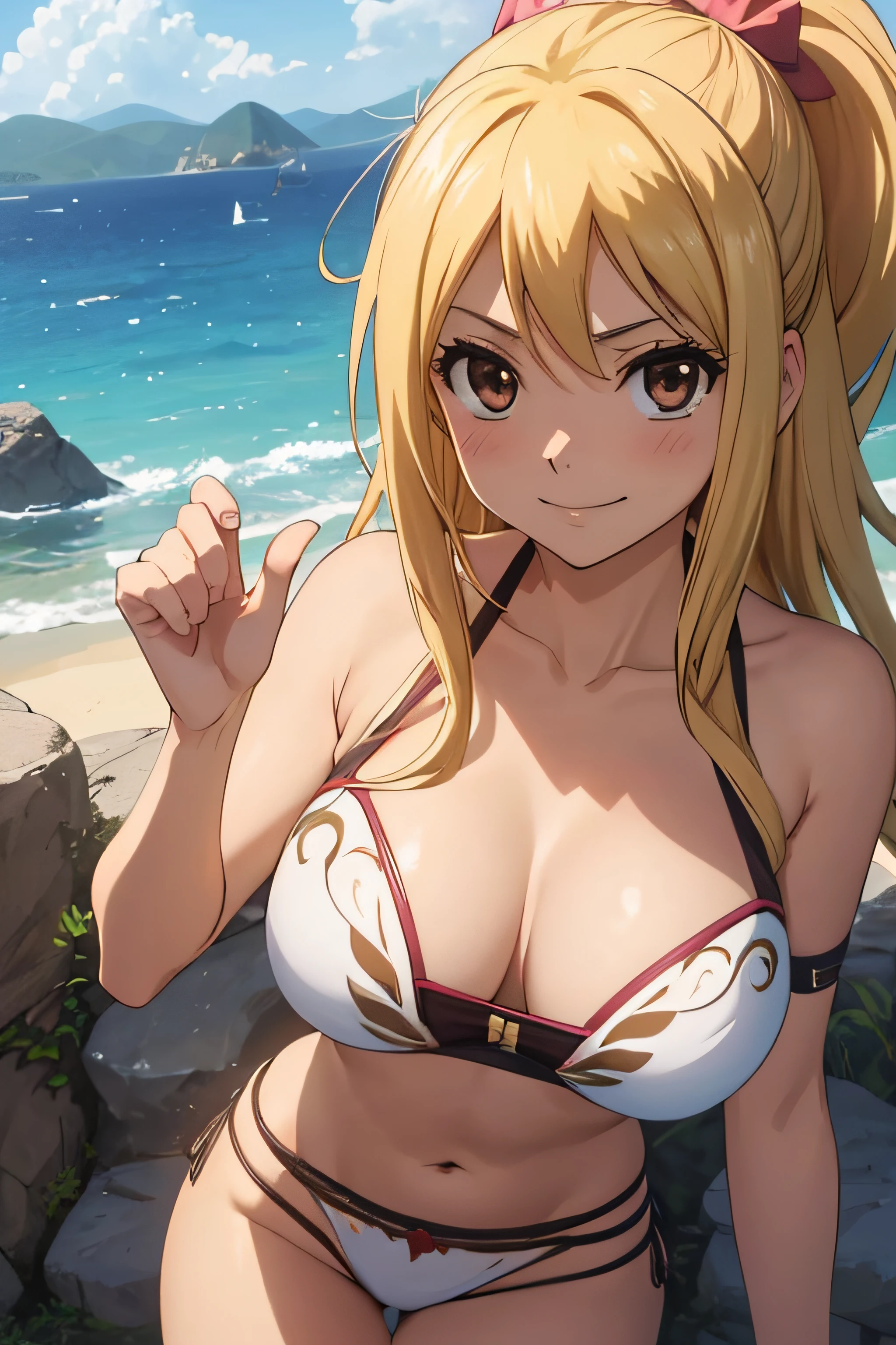 high definition, 8K, detailed face, grabbing her breast, showing her breast, Lucy Heartfilia from Fairytail, ((Dark brown eyes)), ((thong)), spa, ((large breasts)), slim and thin, body of equal proportions, ((focus on her breast)), front view, four fingers and 1 thumb, ((2 hands)), Blonde hair, Beautiful smile, Smiling at viewer, blushing cheeks,