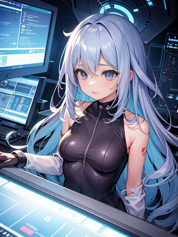 最high quality、best image quality、masterpiece、teenage girl((18-year-old、 By becoming、vest bust、medium bust,wide open breast tea、black eye, gray hair、long hair、thin,highest valley、Black Y-shirt、Black Recruit Suit,Have a document、face forward、sit on a chair、tired face、Using the computer、rest one&#39;s chin on one&#39;s chin、Dark circles in the eyes)),high quality、beautiful art、background((company office、Affairs machine、office chair、Laptop、Office at night))debris flies、Depth of written boundary、movie、visual art、perfect art、8K,genuine