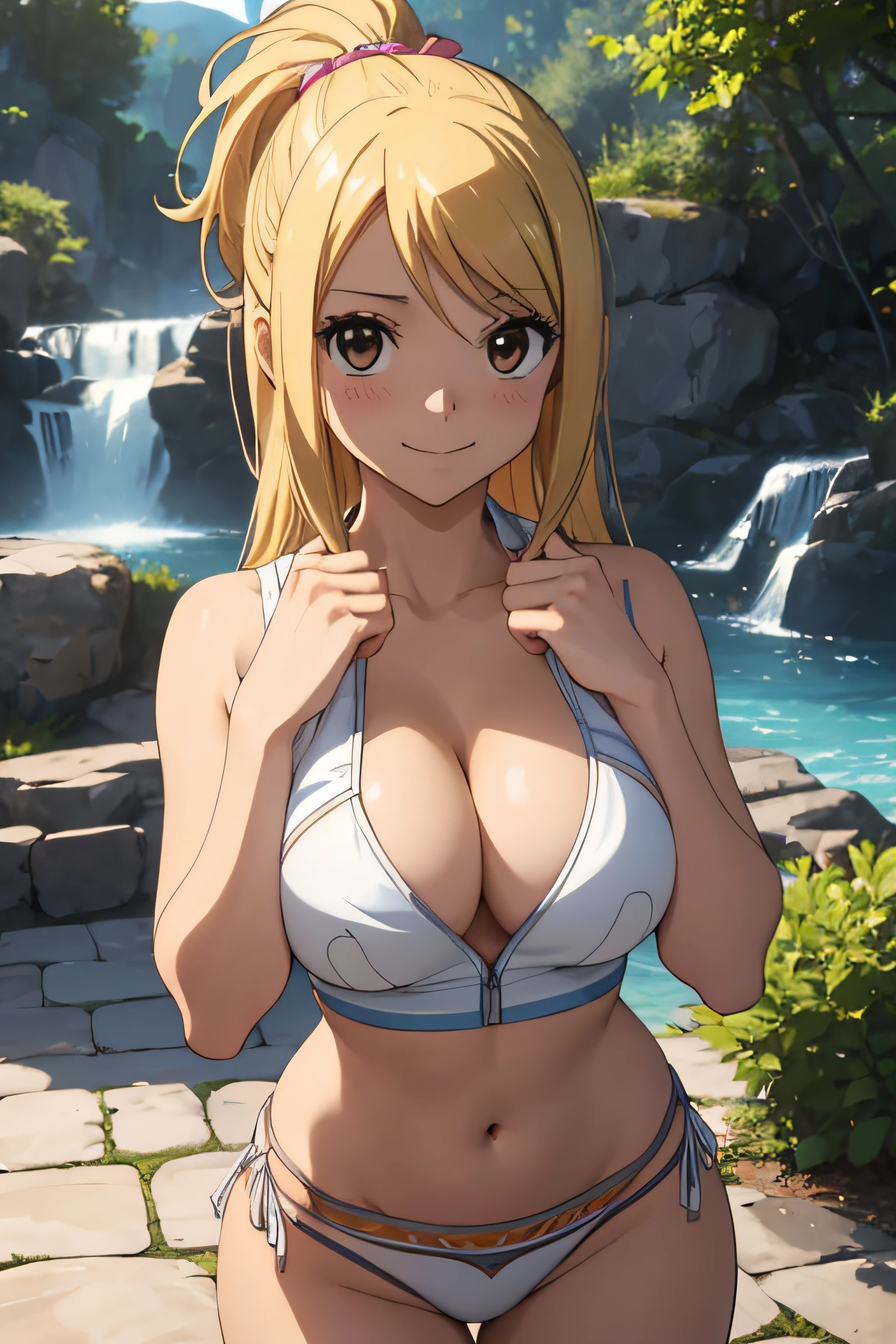 high definition, 8K, detailed face, grabbing her breast, showing her breast, Lucy Heartfilia from Fairytail, ((Dark brown eyes)), ((thong)), spa, ((large breasts)), slim and thin, body of equal proportions, ((focus on her breast)), front view, four fingers and 1 thumb, ((2 hands)), Blonde hair, Beautiful smile, Smiling at viewer, blushing cheeks,
