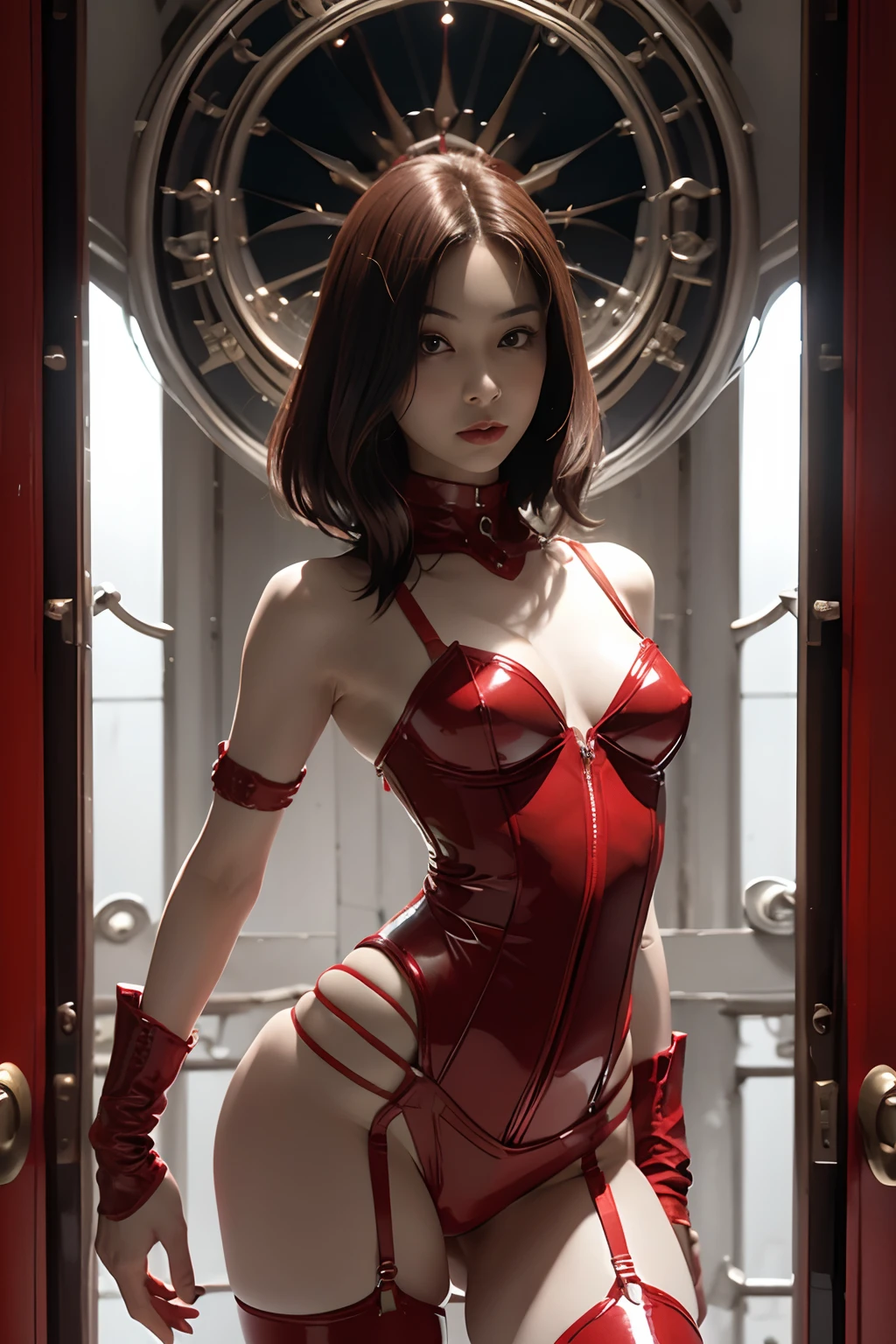 Japan maiden posing in a bright red leather corset,((small tits,well-shaped bust,slim body and constricted waist,,,,)), (((Absolute symmetry))),honey birdette, Bright Red Silk Bra&pantiy,Transparent Panty House、 Bright red sexy corset, Medium, Long White Leather Boots, lace decoration ,Cybernetic style,Without cloak、nippless,short hair of dark chestnut color,,,,,Looking at the camera、Inside the cathedral
