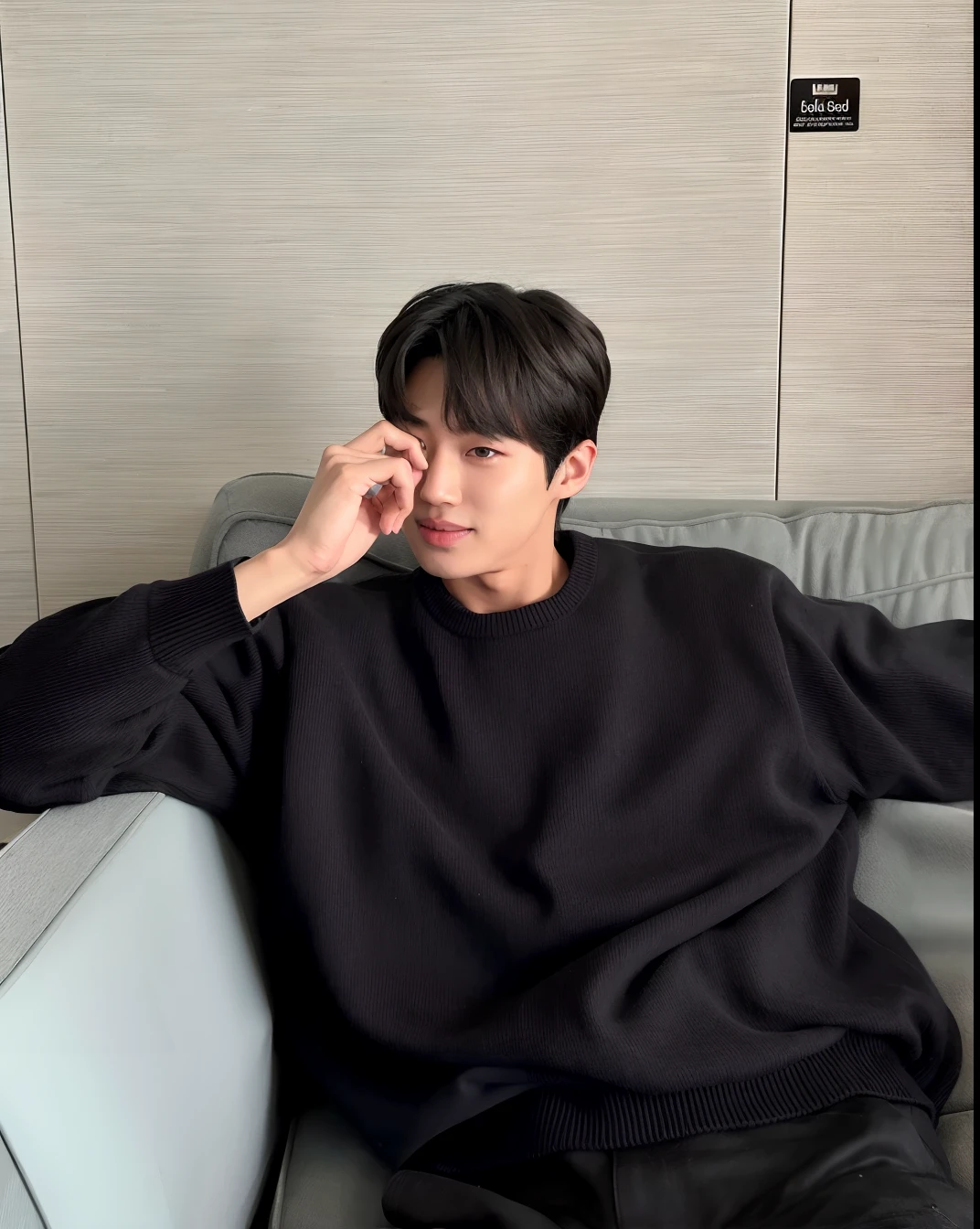 Man sitting on a sofa with his hand on his face, Kim Doyoung, Jinyoung Canela, Ulzzang macho, Hyung Tae, Sul Coreano Masculino, jinyoung shin aesthetic, Wonbin Lee, Jungkook, Kim Siwoo, TaeJune Kim, Seseon Yoon, Hong June Hyung, um homem bonito，cabelo curto preto, Shin Jeongho