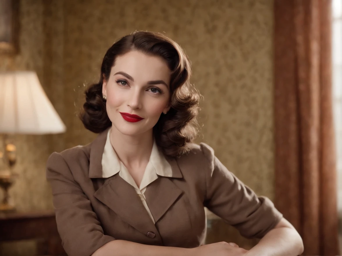 1940s era thin modest woman thin, face is thin with thin eyebrows, short very curly dark bob victory rolls, sitting in a victorian livingroom, she is holding, she is holding a framed picture of a smiling soldier, she is smiling with slightly crooked teeth, long oval face, thin eyebrows, structured brown suit with kneelenth skirt, with a bible on the desk and a cross on a wall, red fingernails, she is wear a discreet necklace with a cross