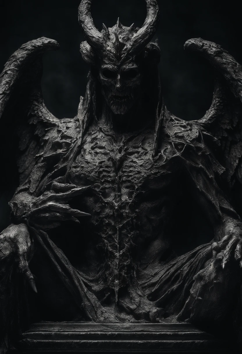 Intricately built statue of a demon,marble sculpture,mysterious,ominous presence,detailed horns and wings,sharp and menacing claws,imposing and muscular pose,fire-like fiery eyes,bulging veins,engraved symbols and runes,shadows accentuate the features,eerie atmosphere,visually captivating masterpiece:1.2,ultra-detailed,realistic:1.37,studio lighting,vivid colors,bokeh,gothic architecture elements,nighttime scene,dark and intense color palette,halo of light illuminating the demon,contrast between light and shadow,dramatic and haunting ambiance,lit candles around the statue,evoking a sense of darkness and danger.