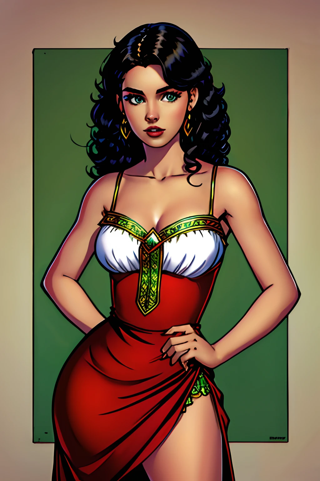 Mejor calidad, Hi-Def, princess girl 22 years old, White skin, black curly fringe hair, Green eyes, princess red dress, slim