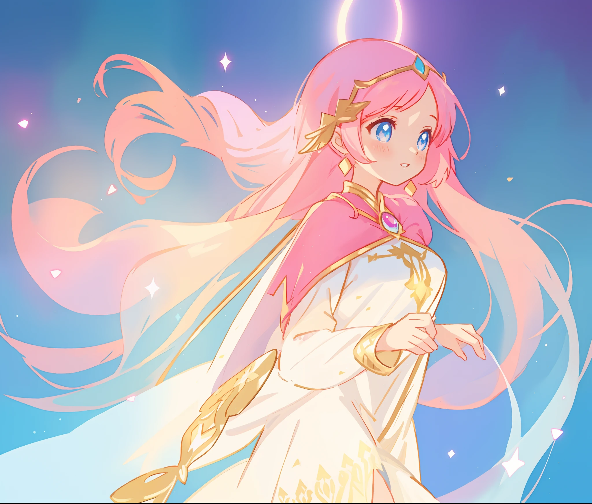 beautiful girl in white arabian two-piece dress, (arabian princess), (arabian dancer), (fantasy arabian dress),long colorful sparkling pink hair, watercolor illustration, Lois van Baarle, glowing aura around her, Glen Keane, jen bartel, glowing hair, beautiful digital illustration, fantasia background, beautiful, masterpiece, best quality, anime disney style, (detailed eyes), golden ratio, perfect composition