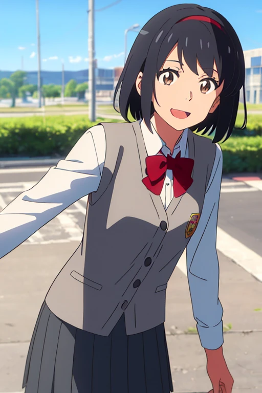 shinkai makoto, kimi no na wa., 1girl, bangs, black hair, blush, brown eyes, sky, cloud, sailor collar, black sailor collar, sailor color, black sailor color, serafuku, looking at the viewer, outdoors, headband, red headband, ribbon, red ribbon, bow, red bow, , short hair, solo, shirt, white shirt, skirt, black skirt, pleated skirt, long sleeves, smile, happy, open mouth, lens_flare, afternoon hangout, Anime girl in uniform walking down the street, official artwork, Anime visuals of cute girls, anime moe art style, Kantai Collection Style, beautiful anime high school girl, 8K!!, Rin, 8K!, Seifuku, Cute anime girl, Official art, by Jin Homura, kancolle, Smooth Anime CG Art, 3 poses before and after　top-quality、Photorealsitic、8K picture quality、hight resolution、One Girl Unification、sixteen years old、Unification of hairstyles、skirt frills from、Half-taken clothes、Unbuttoned exposed breasts、Shot illustration in one illustration　3 Illustrations　Pause the image from the front　Posed image of underwear from directly below　3 poses where underwear can be seen through from the back　Three Poses Sexy Front Le　Underwear from low　Angle from diagonally down　trouser　Angle from below the front　　hugging own legs　Underwear is sheer, "(optimum,wedding gown,holding flower bouquet,one-girl,chies)tmasterpiece，high qulity，A high resolution，New World No. 1，，wedding gown，Bridal veil，whitegloves，Cowboy close-up，standing on your feet，ssmile"anime girl with pink hair and green skirt posing in front of a city, seductive anime girl, a hyperrealistic , hyperrealistic , [ 4 k digital art ]!!, touching her clothes, smooth anime cg art, the anime girl is crouching, clean detailed anime art, small curvy , city in the background, extremely detailed CG unity 8k wallpaper, best quality, ultra-detailed, masterpiece, realistic, photo realistic, extremely detailed cute girl, 16years old, (((skirt lift by myself))), (lifted by self), panties , panties focus, blush, parted lips, looking at viewer ,