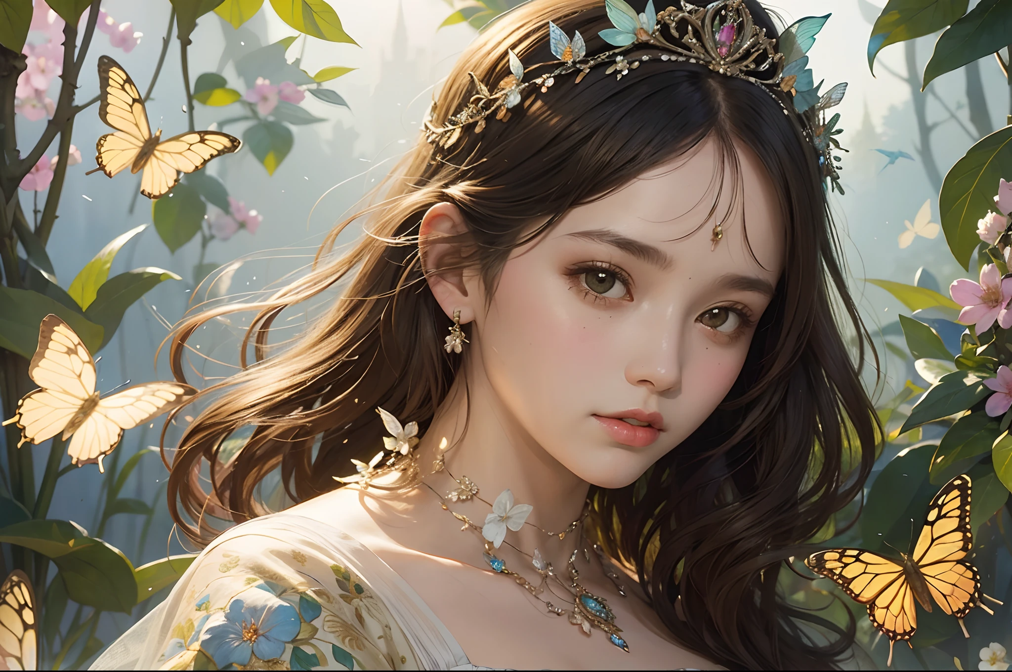 Girl with a floral tiara, surrounded by a swarm.of butterflies, highly detailed, image inpired by Alfons Mucha.