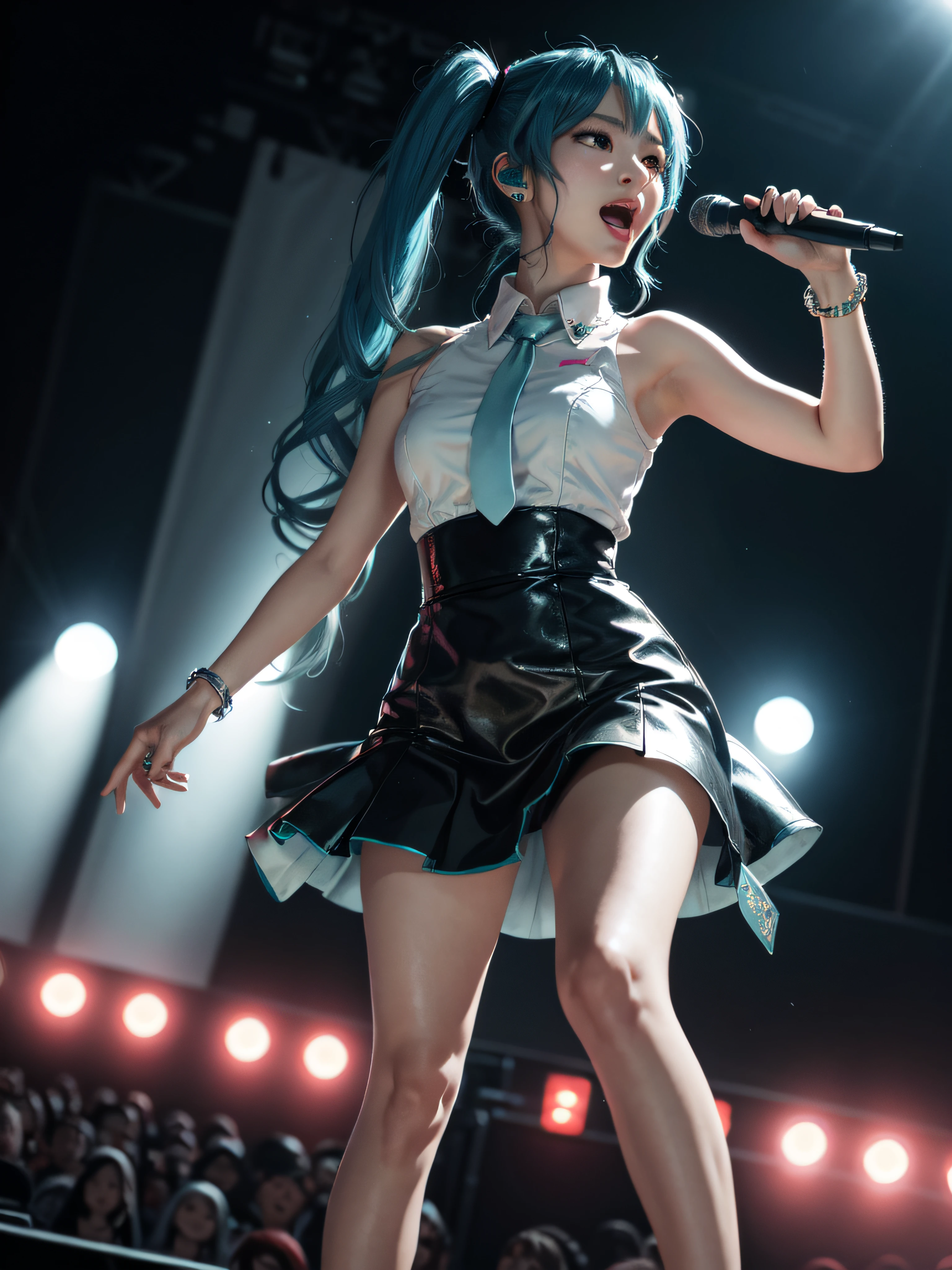 "(exquisitely detailed CG unity 8k wallpaper, masterpiece-quality with stunning realism), (best illumination, best shadow), (best quality), (elegant style:1.2), Arti modern anime. angled view, heroic pose, closeup full body portrait of stunningly beautiful Hatsune Miku (masterpiece), (best quality:1.2), absurdress, photo, photorealistic, highly detailed, detailed face, 1girl, solo, mikunt, perfect female figure, sleeveless, jewelery, arm bracelet, panoramic view, depth of field blur effect, night, full zoom, action portrait, photorealistic. cinematic lighting, highly detailed. best quality, 4k, (Better hand:1), (superhero pose:1), (long pigtails:1), (Singing in concert:1.5), (jpop star:1), (music pop concert:1), (energetic popstar:1.5) (angled effects:1), (coloured lights:1), (crowd cheering:1), (facing forward:1) (face closeup:1.2), full body, (Dancing:1.3), (anime style:1)