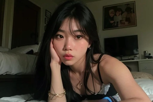 Araffe mulher com cabelo preto longo deitado em uma cama, 18 anos, 2 2 anos, 21 anos, 1 6 anos, Asian girl, 19-year-old girl, Ela tem cabelo preto com franja, an Asian woman, Asian women, coreana, 2 3 anos, Beautiful Asian girl, cindy avelino