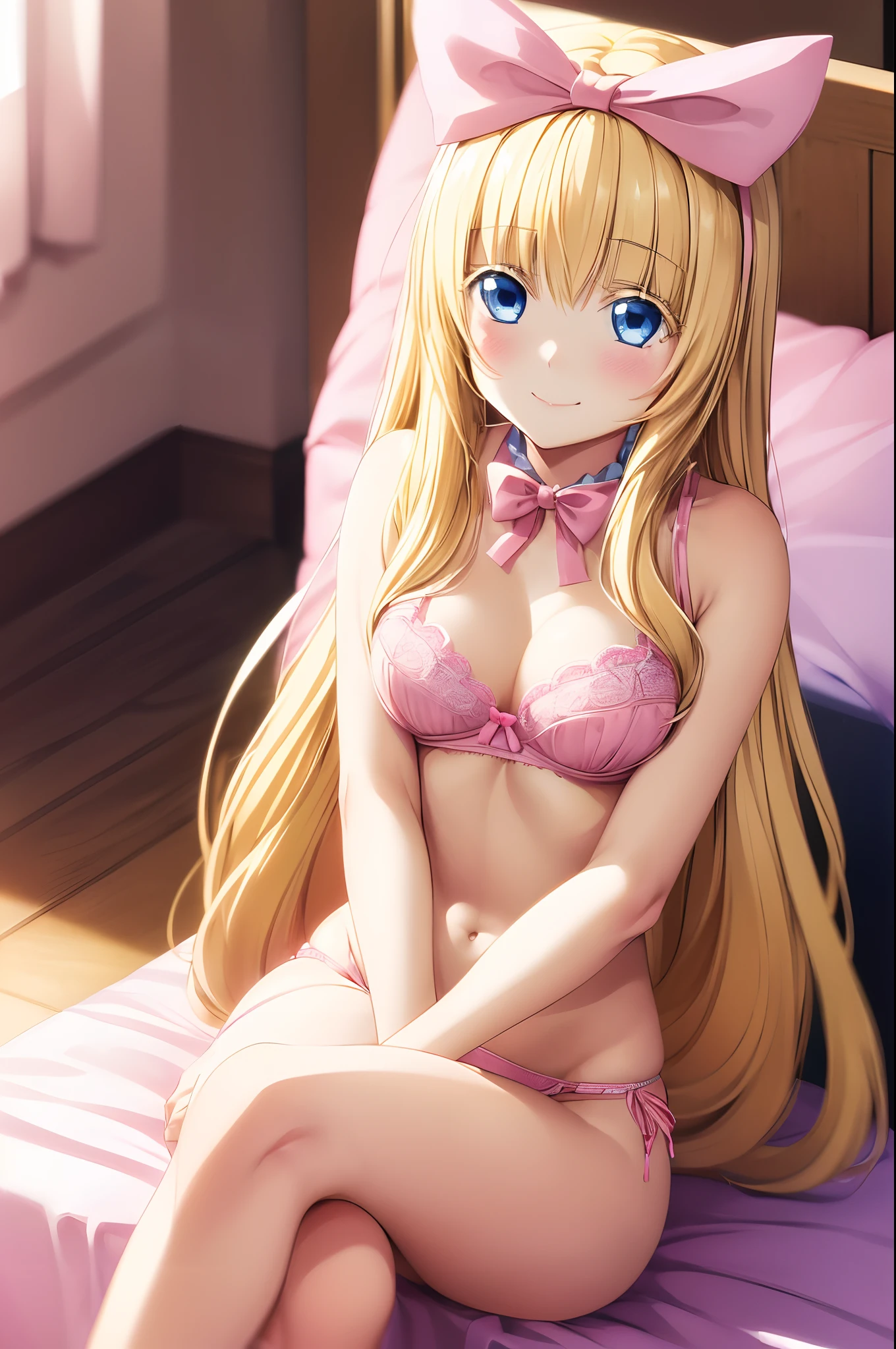 (((Cute blonde woman, long hair with pink bow, Blue eyes))), ((sexy bra and panties)), 8k, very detailed, heart earring, sitting in the bedroom, blushing smile, crossed legs, close view