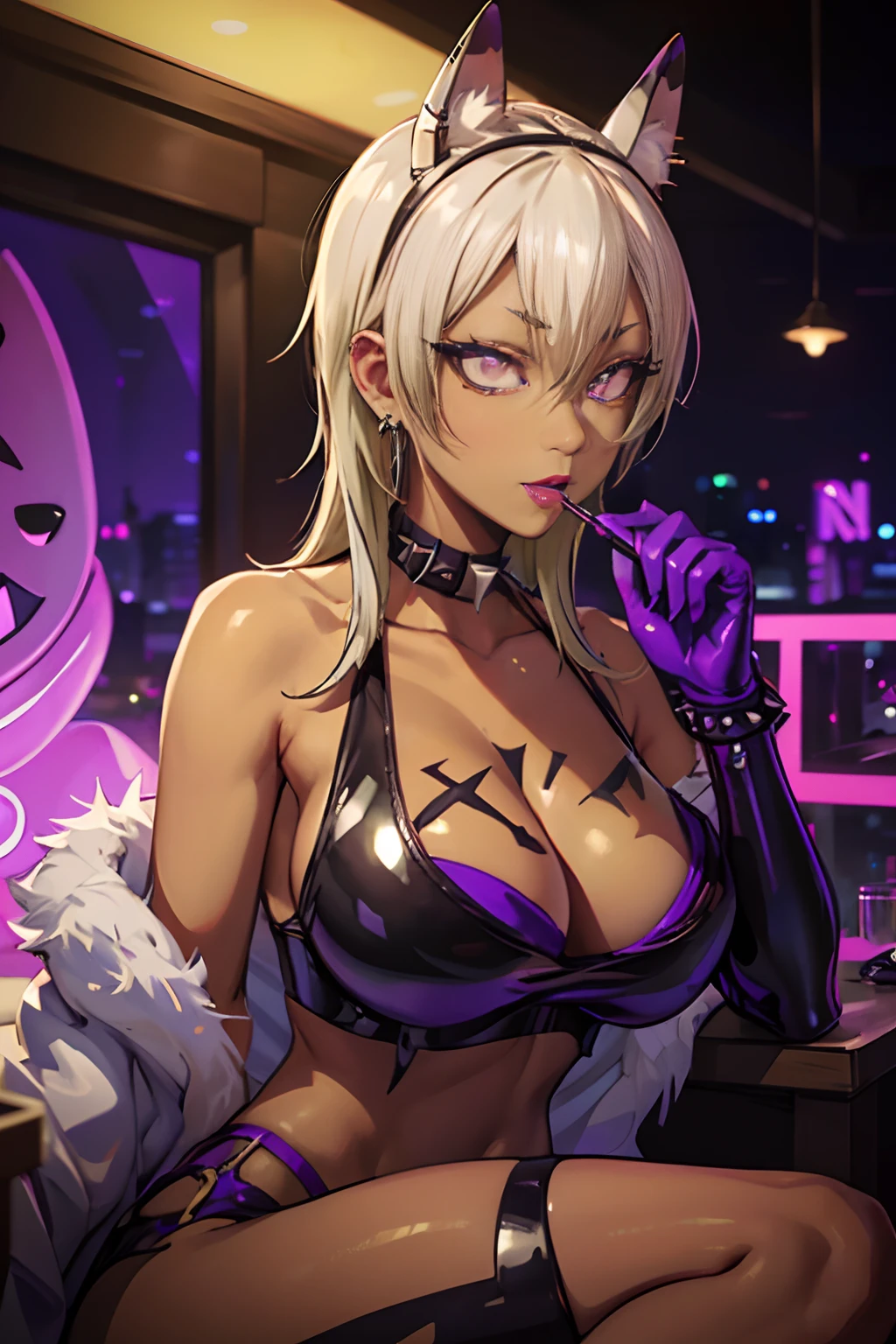 Best Quality, FNAF Security Breach at Roxanne Wolfe Nightclub, furry female, makeup, Exposed Latex Crop Top, Big breasts, Purple Lipstick, Collar, spikes, Jewelry, ear piercings, Bracelet, Yellow eyes, Detailed eyes, Anime style, Bottomless, Full body