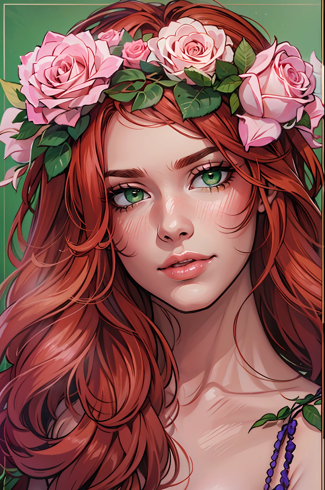 beautiful, redhead, long hair, side part hairstyle, dark green eyes, flower crown, pink roses