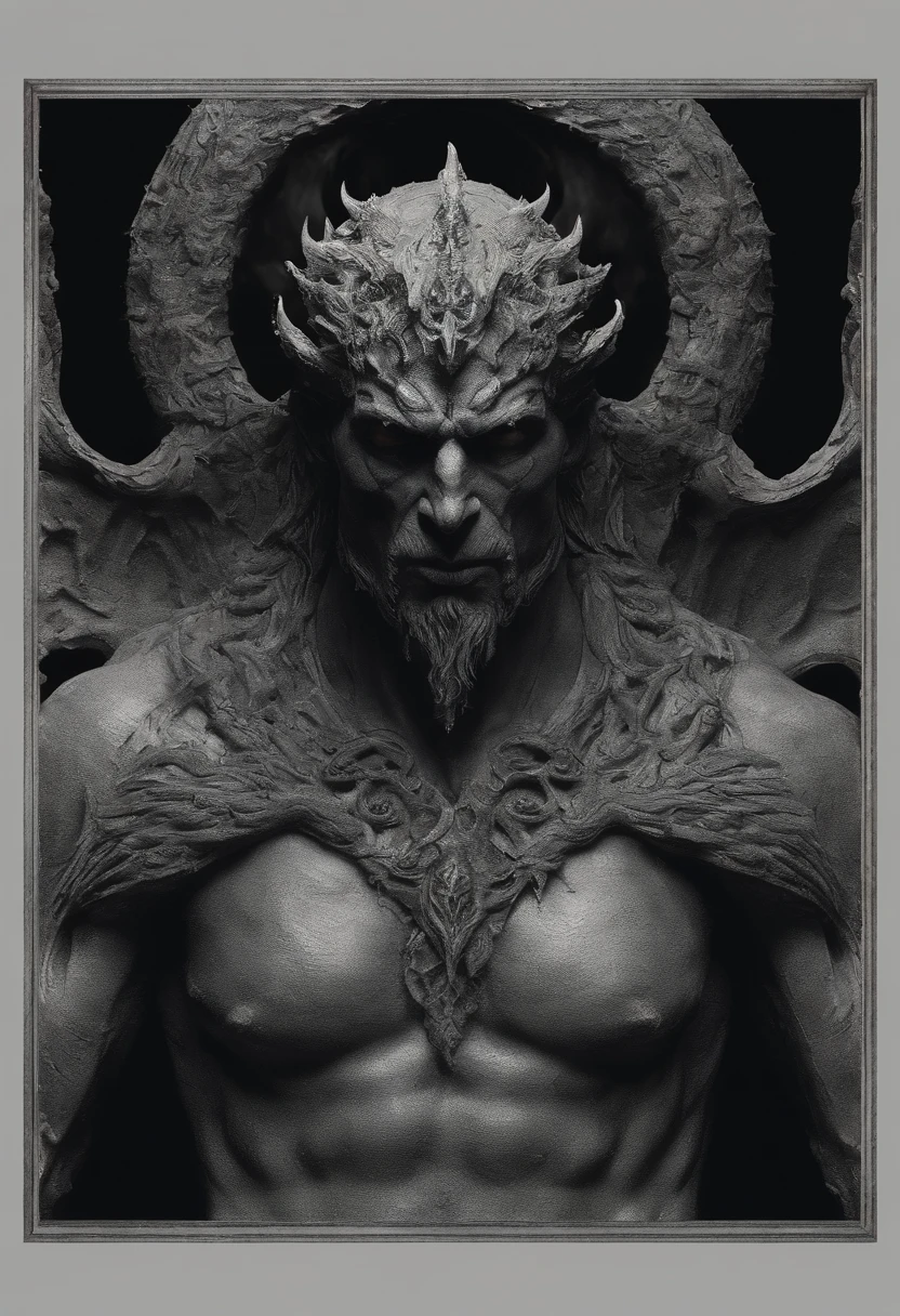 Intricately built statue of a demon,marble sculpture,mysterious,ominous presence,detailed horns and wings,sharp and menacing claws,imposing and muscular pose,fire-like fiery eyes,bulging veins,engraved symbols and runes,shadows accentuate the features,eerie atmosphere,visually captivating masterpiece:1.2,ultra-detailed,realistic:1.37,studio lighting,vivid colors,bokeh,gothic architecture elements,nighttime scene,dark and intense color palette,halo of light illuminating the demon,contrast between light and shadow,dramatic and haunting ambiance,lit candles around the statue,evoking a sense of darkness and danger.