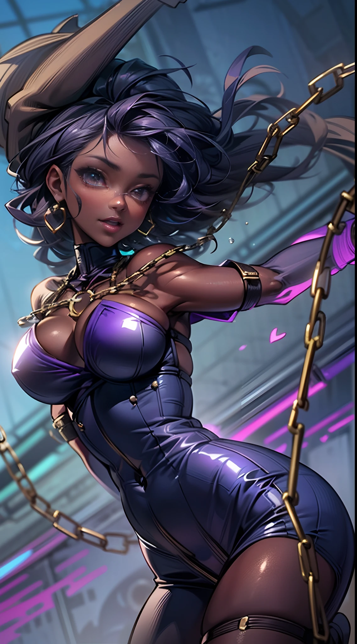 Dark-skin erotica and bondage dominatrix performing on stage with a mischievous,amarous and impish smile. Suspended in the air by chains on her wrist and thighs, while being bounded by purple crotch rope, squeing her tight, bringing her too climax. She is statuesque with a heart-shaped face,vivacious brown eyes, flowing wavy violet urban haircut. She wearing plum colored breast wrap adorned with a four-point star on the chest of a darker shade outlined in purple. Lavender, slightly heeled, knee-length sandals; and a lilac micro  silk skirt with a split on the left side trimmed in violet. She is  strong tone and thick with a hourglass physique with large breast, large butt, heart hips, long sensual legs. She sensual curvaceous, powerful, and musclar,) (, (extremely fine and beautiful,  face, eyes, and body) (detailed face, eyes, lip), shiny skin, oil skin, shiny hair, dynamic angle, scenery, dramatic lighting, volumetric lighting, golden hour, dangerous tease (lots of stars),( city night,  stage, bandage performance, purple and blue interior, strobelight, ropes and chains)  ((masterpiece, ultra-detailed, highly detailed)) ( full body, CG , ( sense of depth, depth of field, ), anime-realism, ((bdsm), movie scene, afrofuturistic , depth of field, dynamic angle, scenery, dramatic lighting, volumetric lighting,