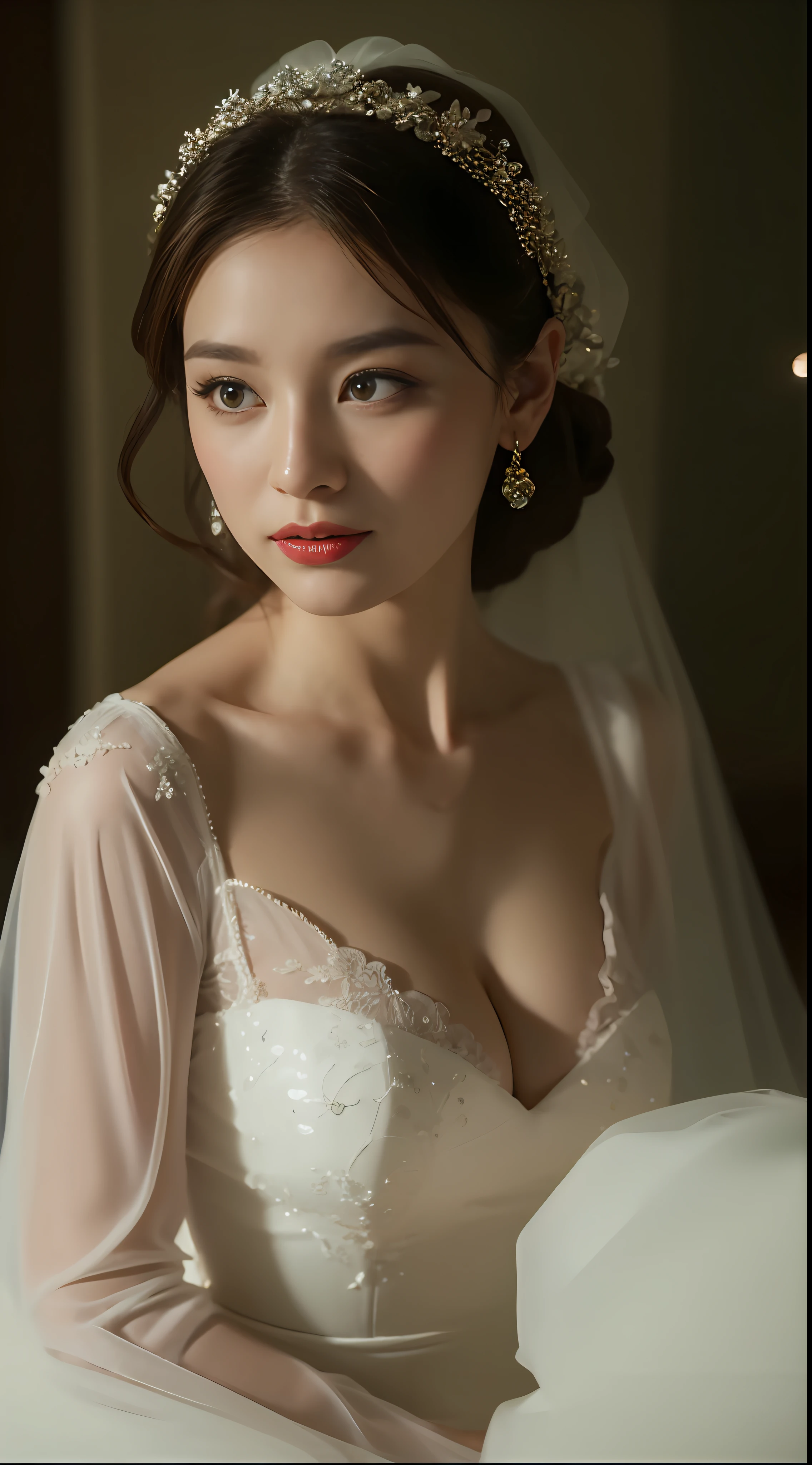 1 beautiful white wedding dress interior background(Best quality, Detailed details, Masterpiece, , 4K, Chiaroscuro,Ultra-realistic, Highly detailed Canon videography )