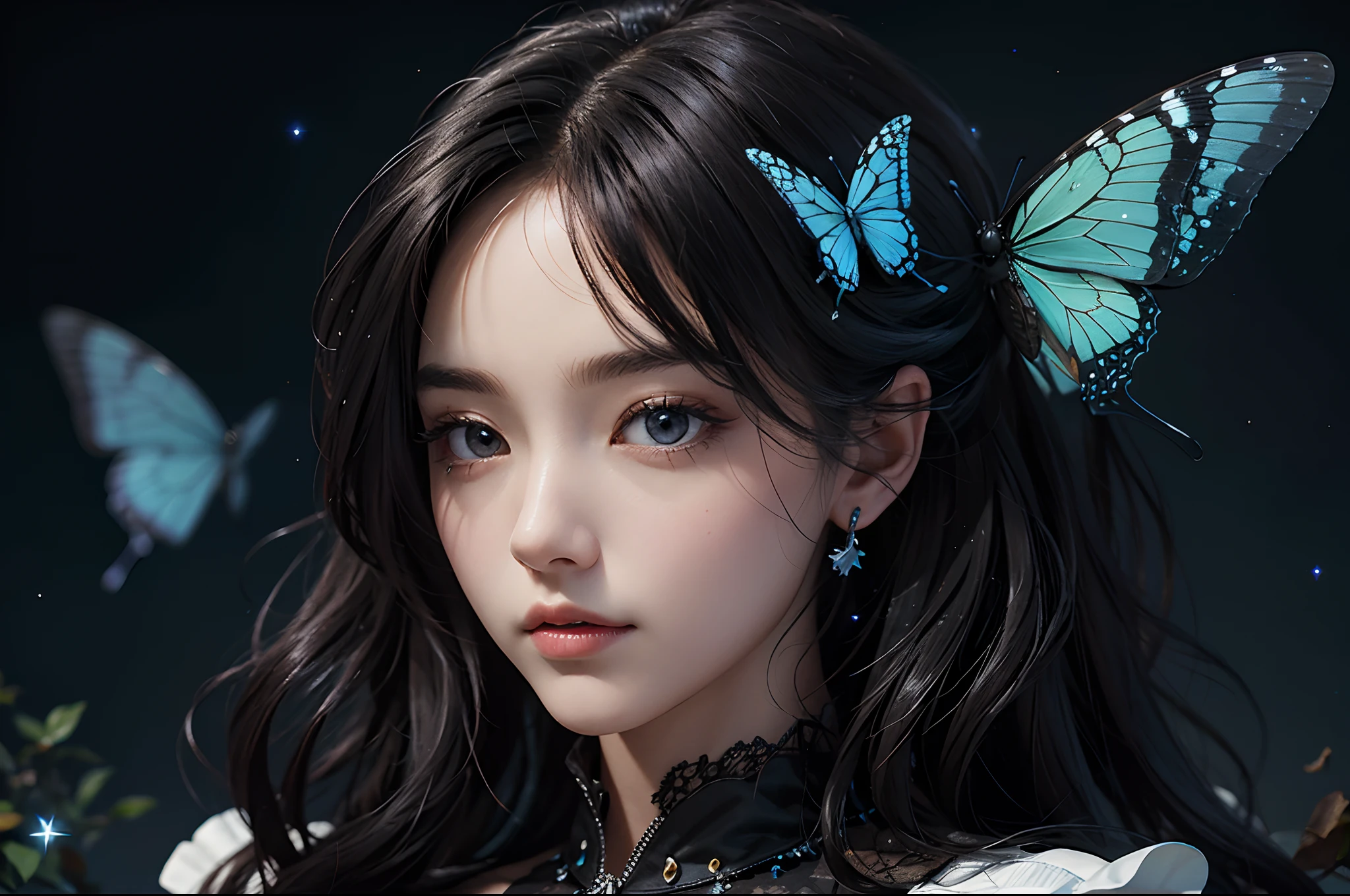 Close up of A butterfly, flying againte a black starry night. Highly detailed.