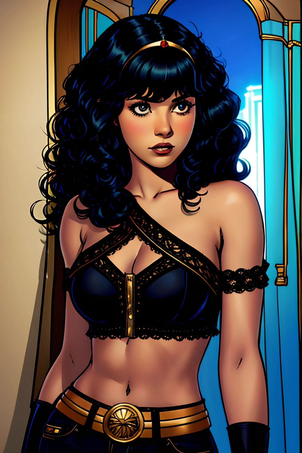 Mejor calidad, Hi-Def, girl 22 years old, black curly fringe hair, princess, slim